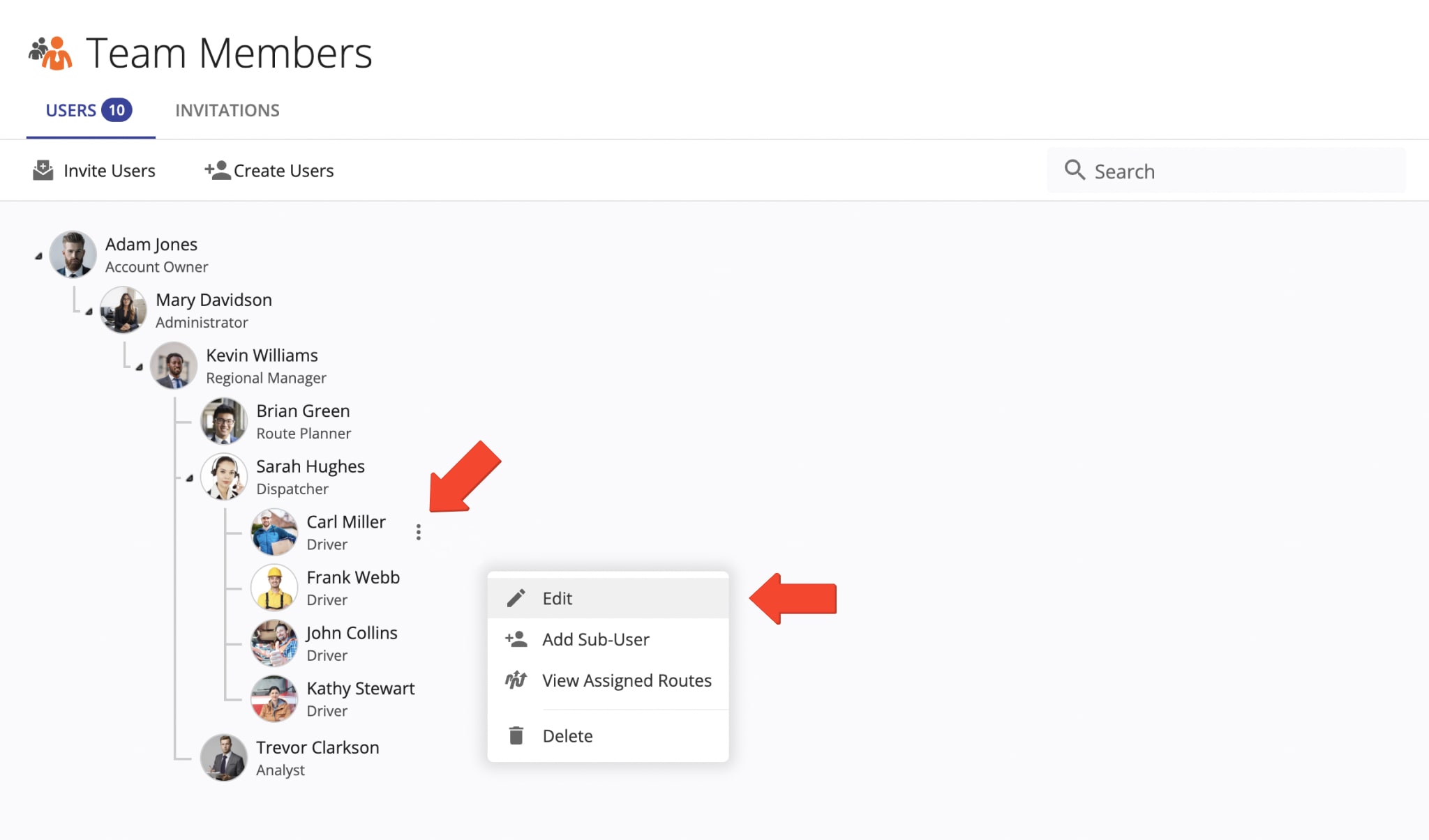 Edit an existing driver, route planner, manager, or another user to add Custom Data.