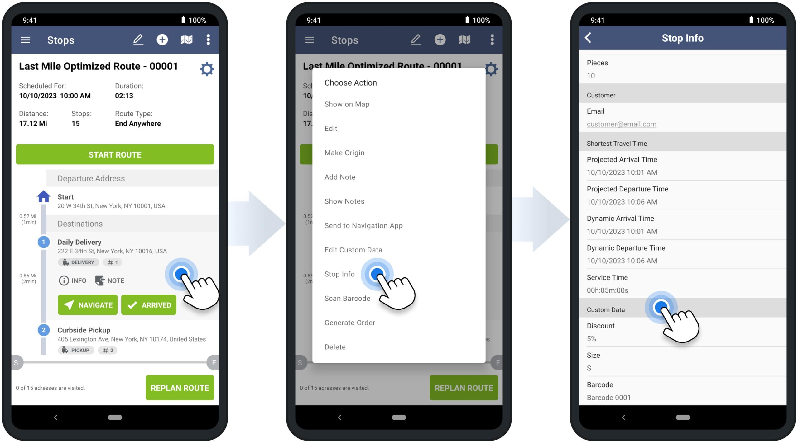 Custom Data attached to route stops on Route4Me's Android Route Planning app for drivers, field service, and sales team members.