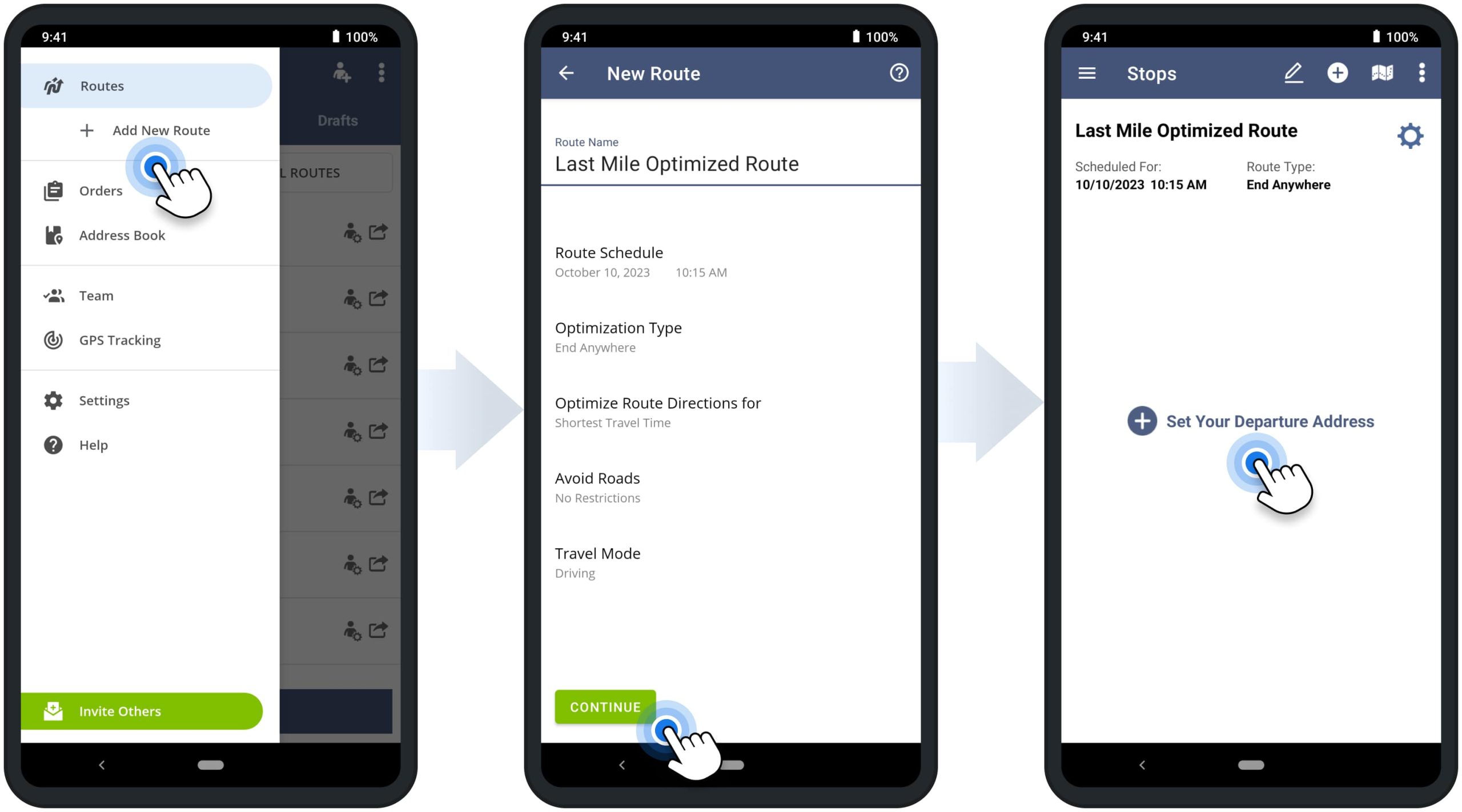 Plan a new route, schedule the route, and adjust route optimization settings on Route4Me's multi-stop route planner app.