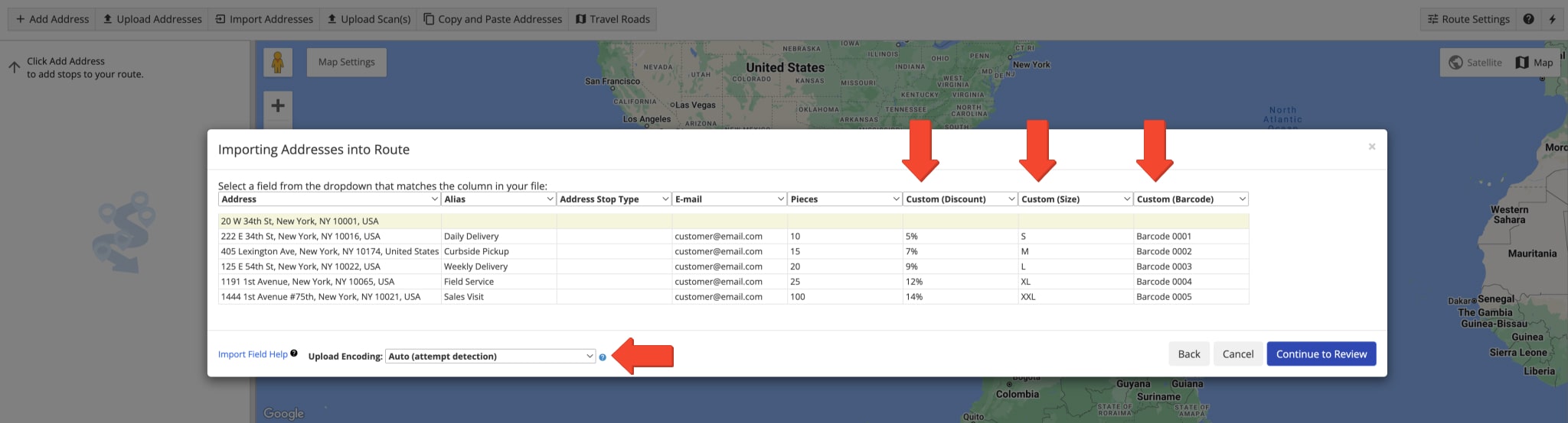 Verify addresses and custom data in the uploaded route spreadsheet and proceed to plan and optimize last-mile routes.