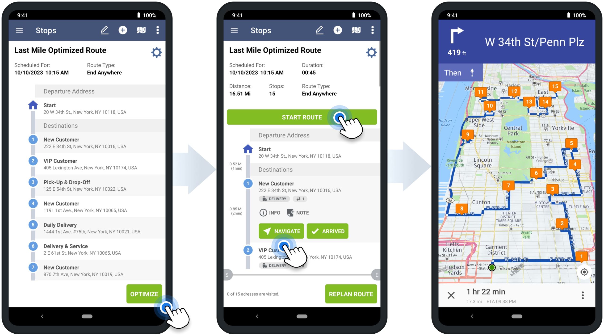 Optimize route to sequence multiple addresses and start and navigate the multi-stop route on Route4Me's mobile route planner app.