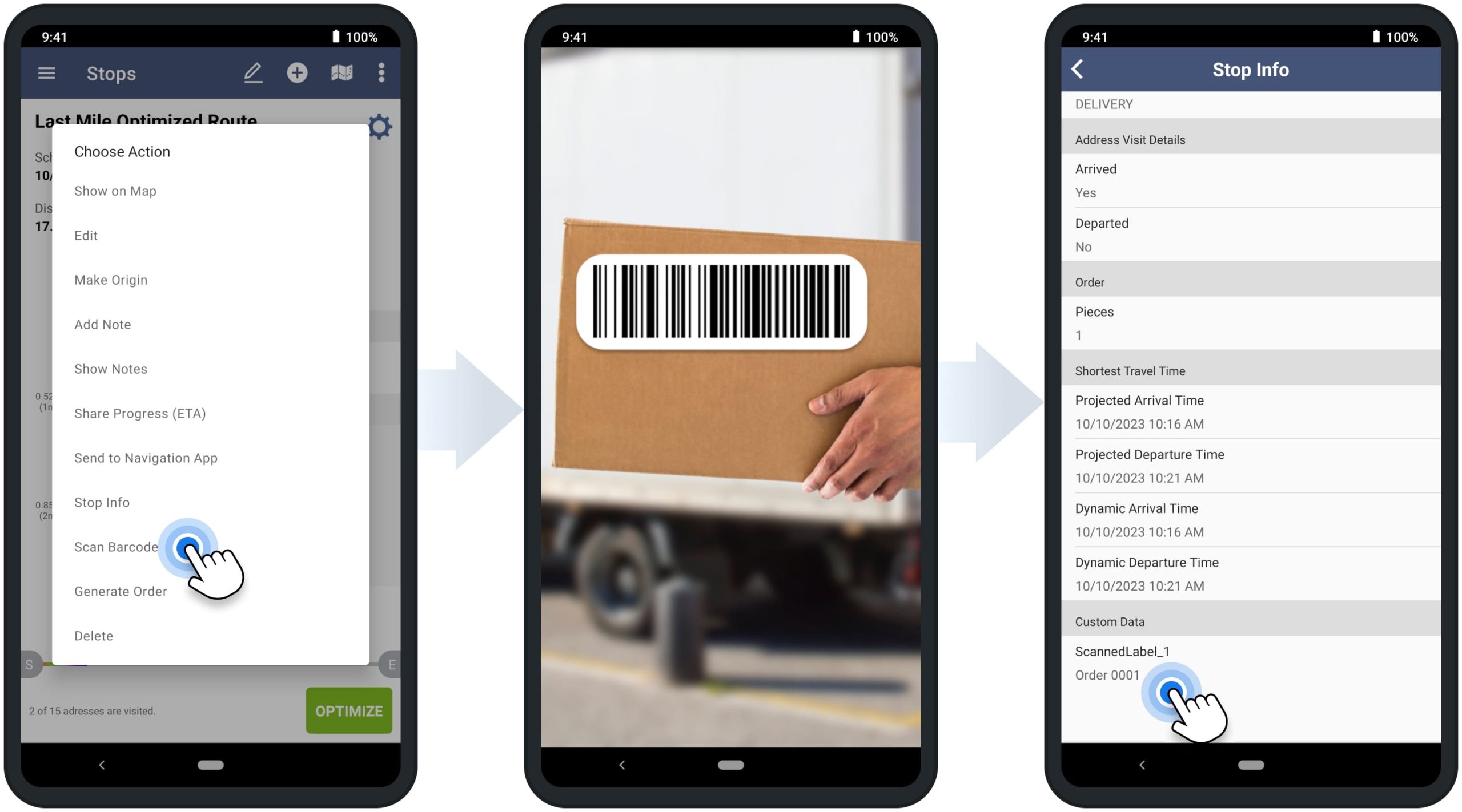 Using route planer integrated barcode scanner to attach barcode data to route stops.