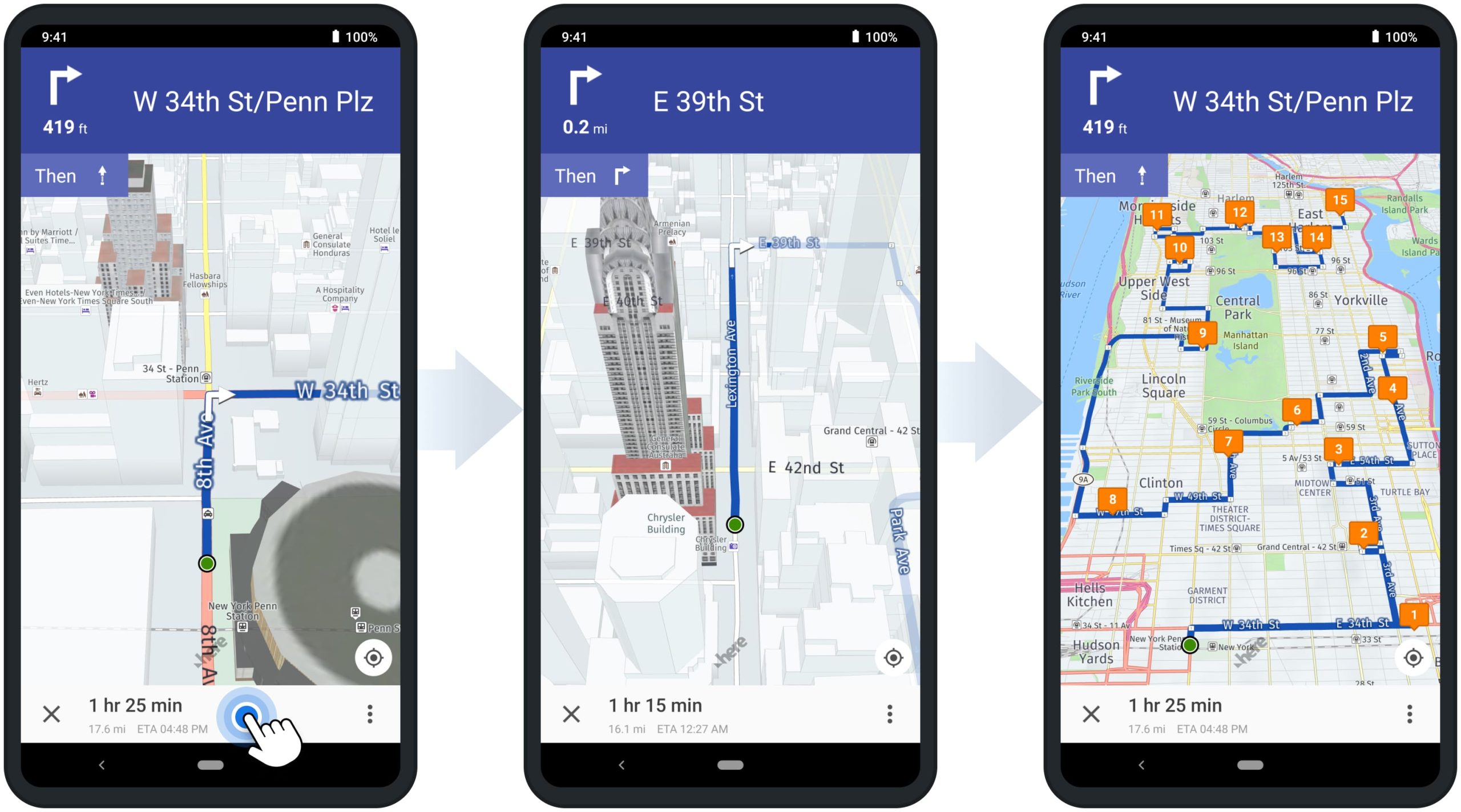 Using route planner app integrated GPS navigation with live traffic, voice directions, and adjustable maps.