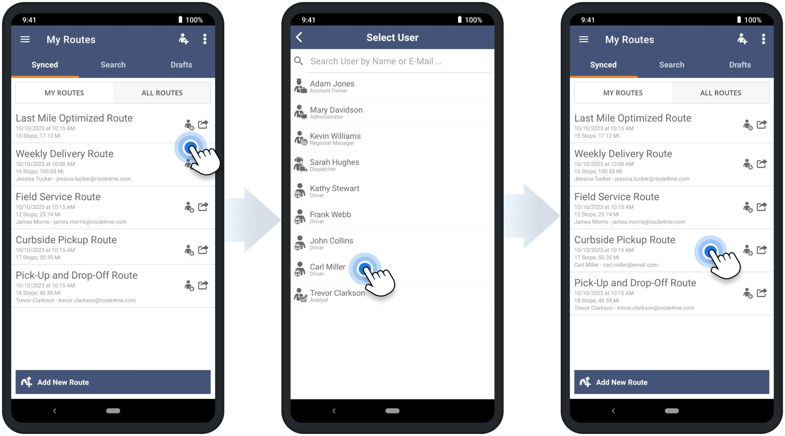 Assign users to routes to dispatch routes to drivers and other team members on Route4Me's Android Route Planning app.