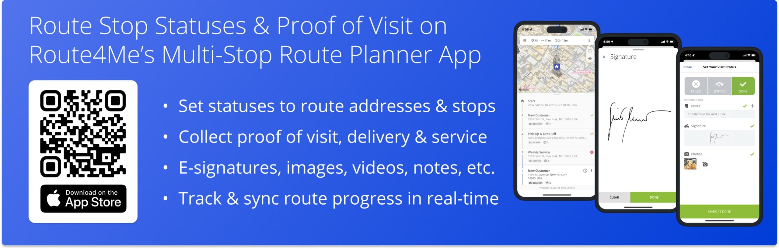 Setting statuses to route stops and attaching electronic proof of visit, delivery, and service on Route4Me's iPhone Route Planner app.