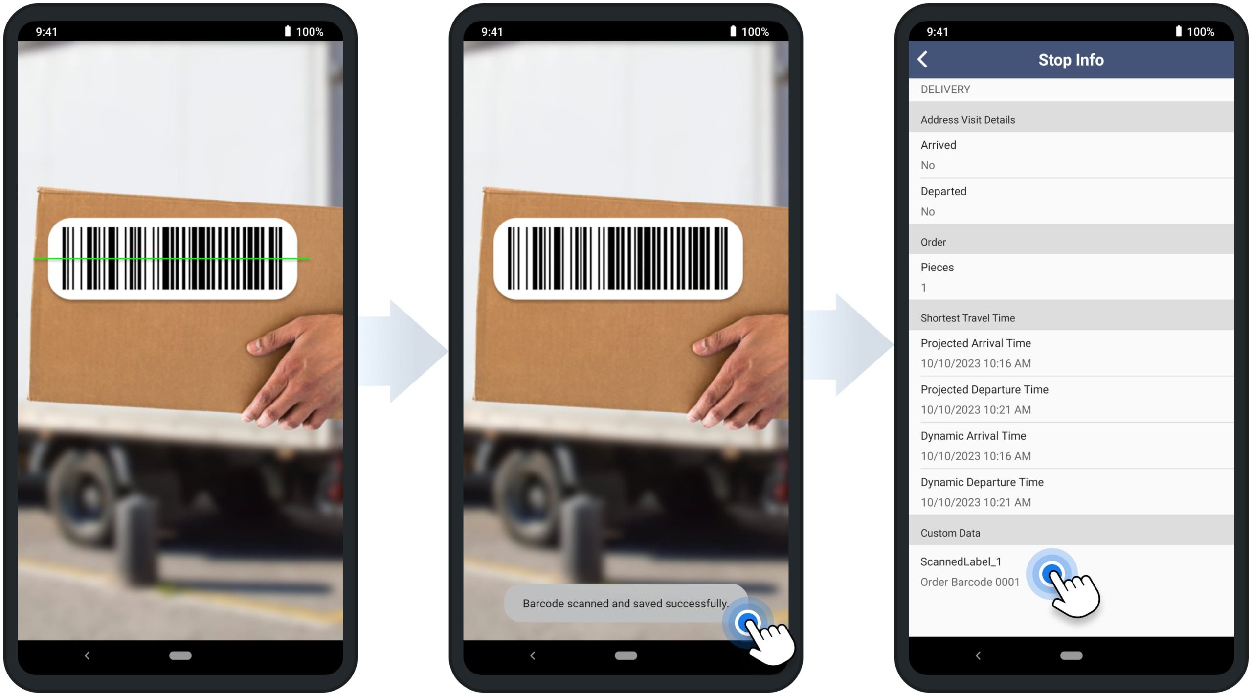 Scanning barcodes using Route4Me's Android Route Planner app-integrated barcode scanner.