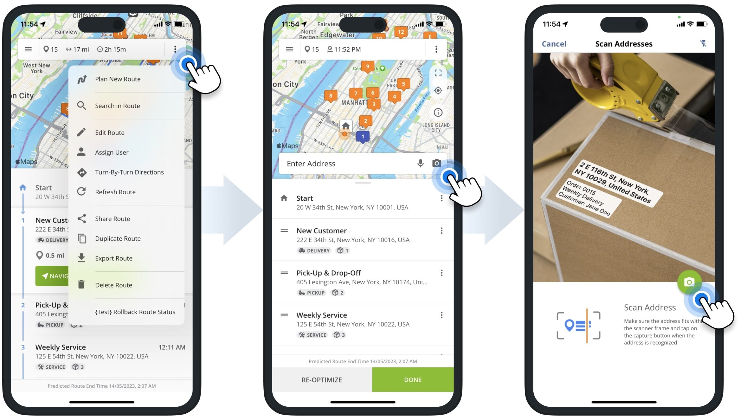 Adding stops to planned routes using optical character recognition (OCR) address scanner on Route4Me's iPhone Route Optimization app.