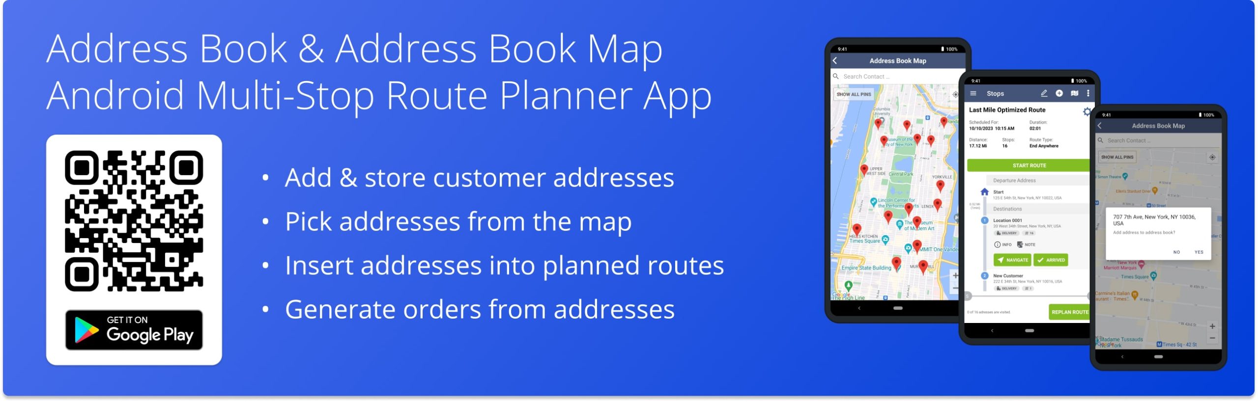 Address Book on the Android Route Planner app for saving addresses, adding addresses from the map, and inserting addresses into planned routes.