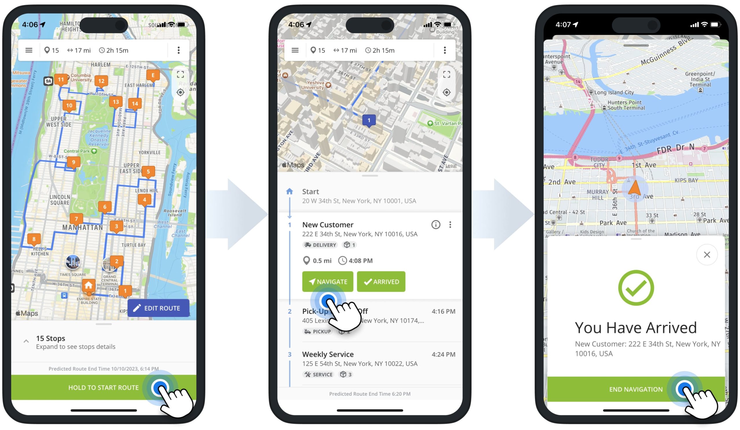 Opening, starting, and navigating multi-address routes on Route4Me's iPhone Multi-Stop Route Planning app.