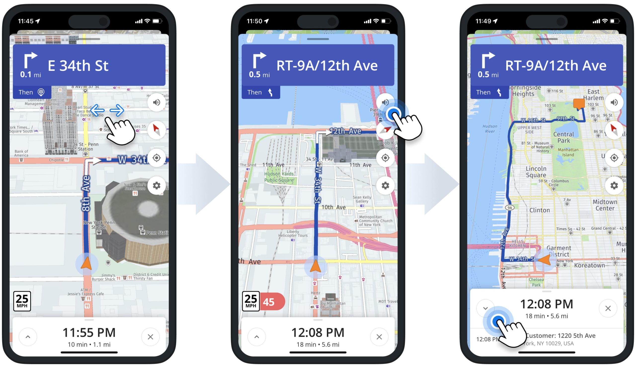 Navigating multi-stop routes using Route4Me's In-App Voice-Guided GPS Navigation with detailed maps, driving directions, traffic, etc.