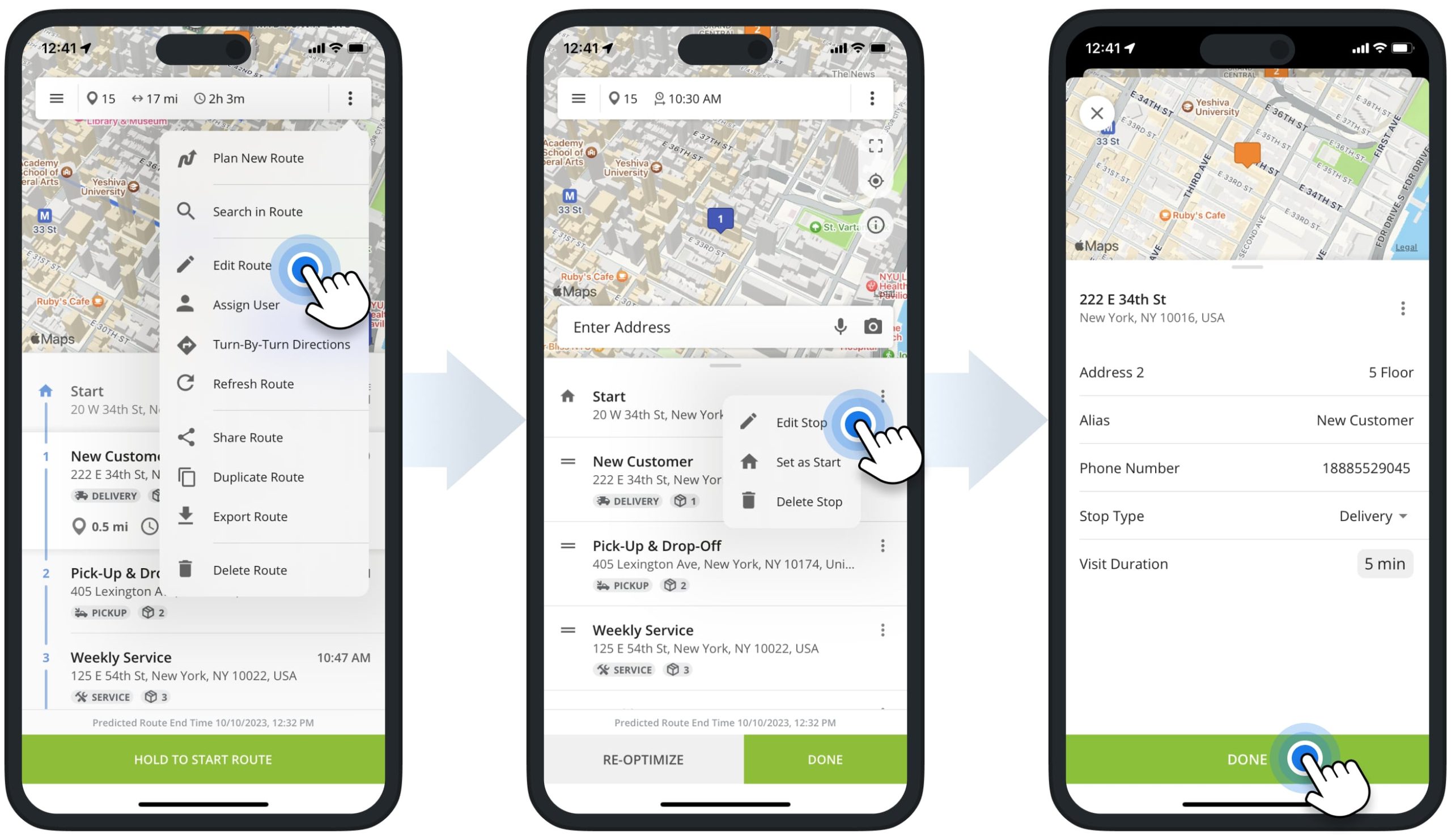 Editing route stops and address details using Route4Me's Multi-Stop Route Optimization app for delivery drivers.