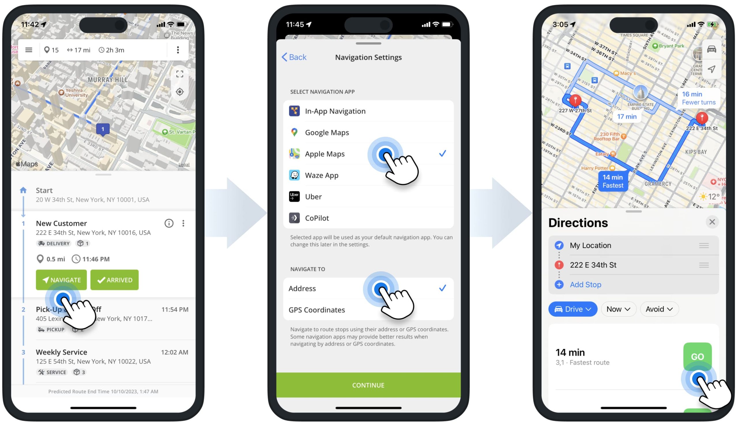 Apple Maps route planner GPS navigation for navigating Route4Me iOS Route Optimization app sequenced multi-stop routes.
