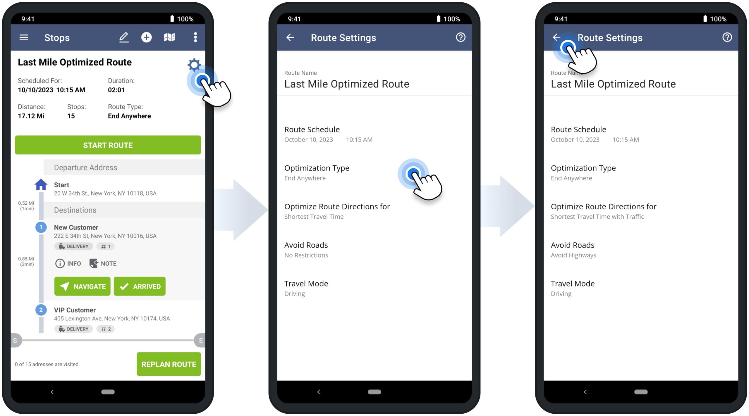 Adjusting route optimization, schedule, and other route settings on Route4Me's mobile driver route planning app.