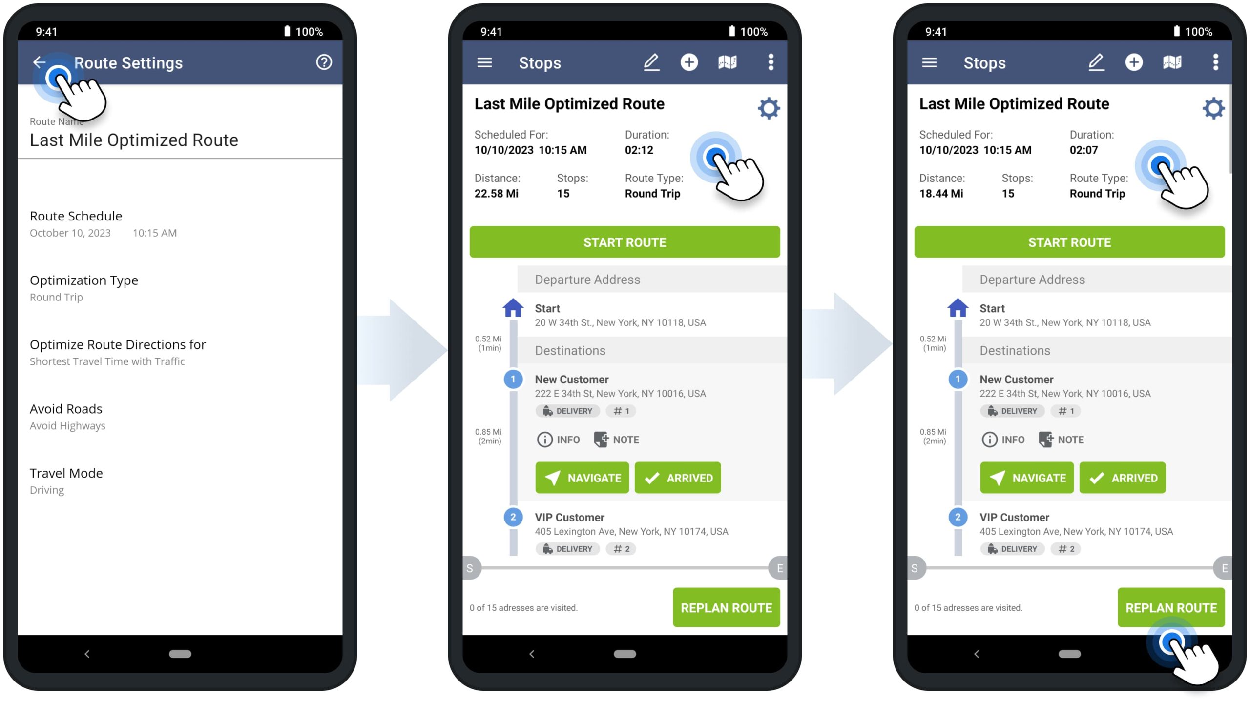 Re-optimize and re-plan routes on Route4Me's Android route planning app for last-mile delivery and field service drivers.