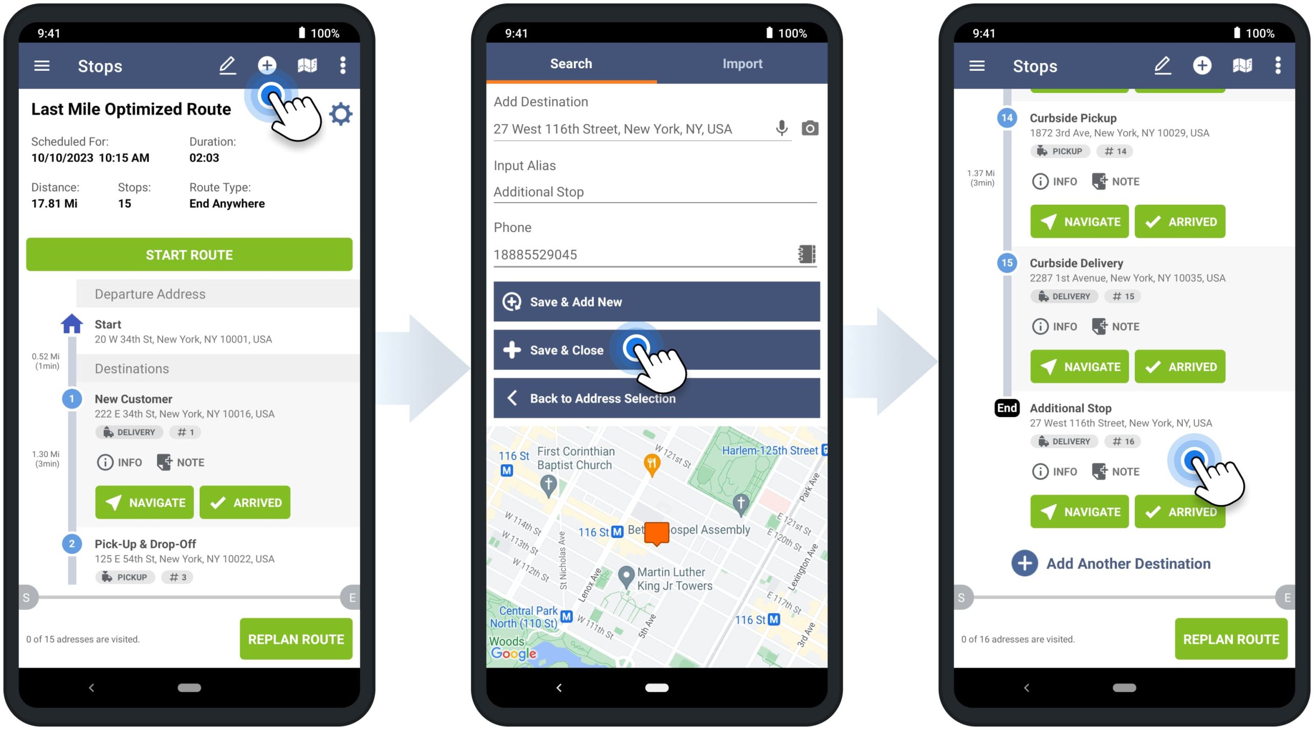 Insert addresses into optimized routes and add route stops on Route4Me's mobile route planning app for drivers.