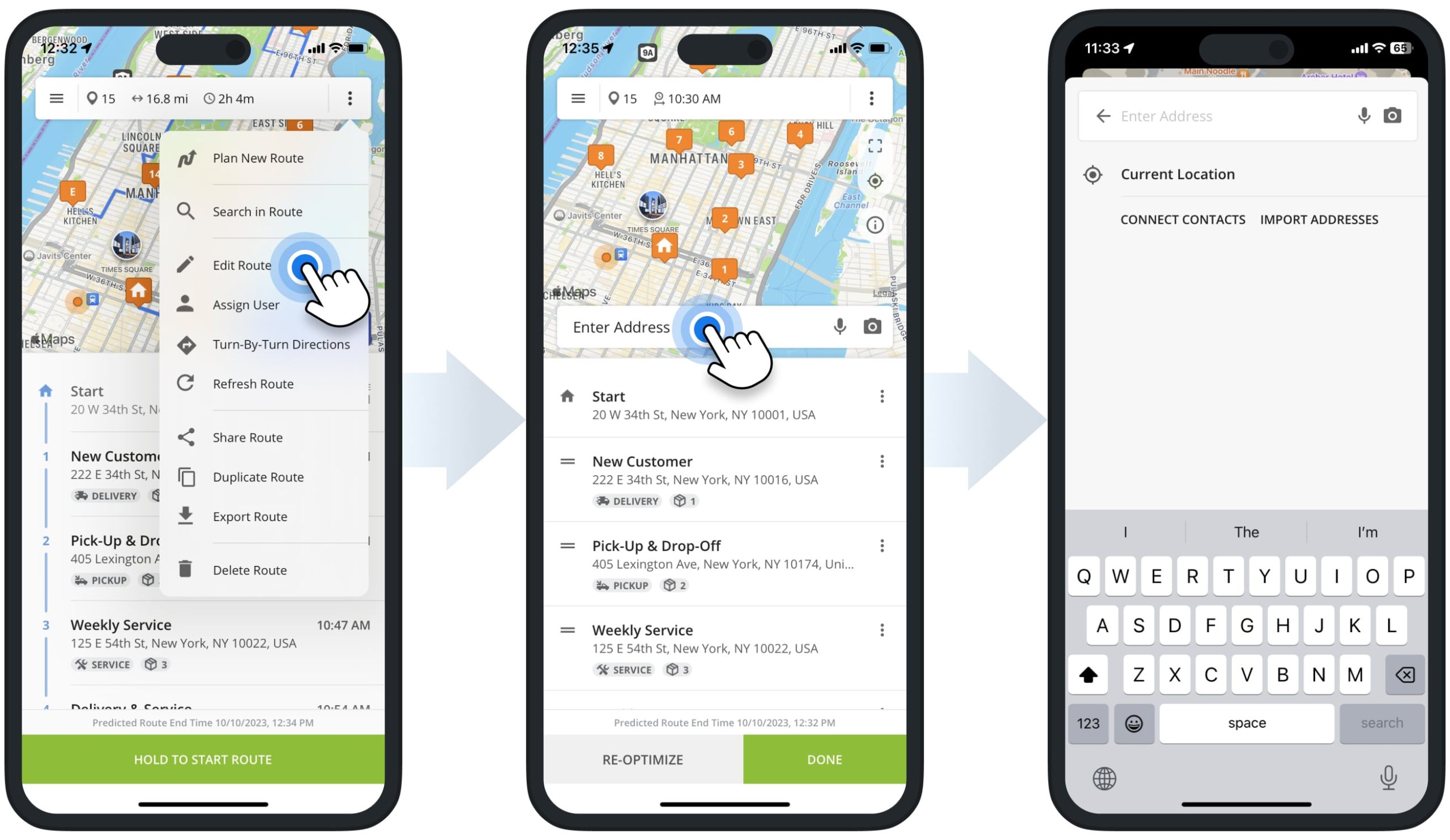 Inserting addresses into planned routes and adding route stops using Route4Me's iPhone Route Optimization app for drivers.