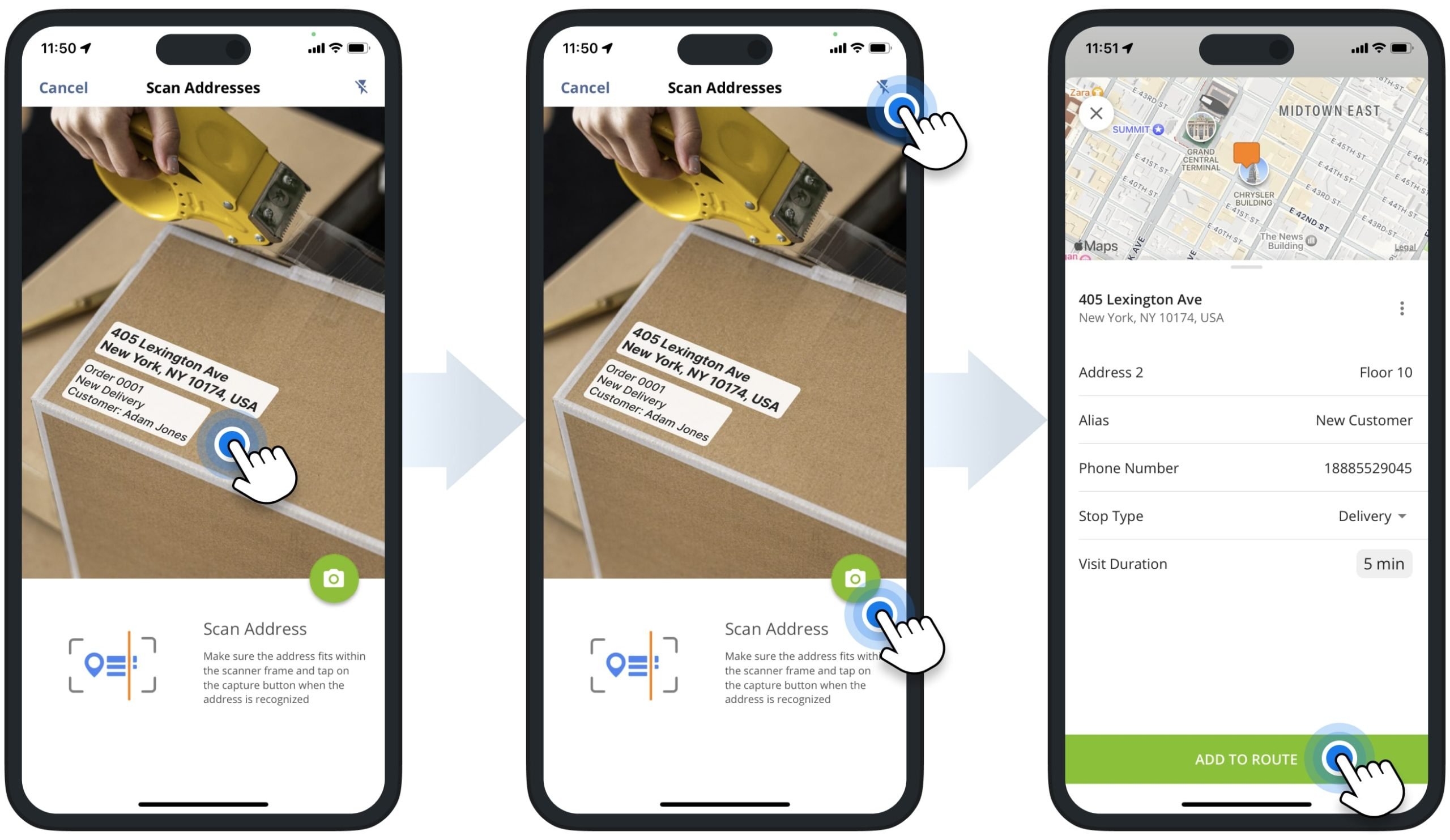 Using iPhone Route Planner app integrated optical character recognition (OCR) address scanner for adding geocoded addresses to routes.