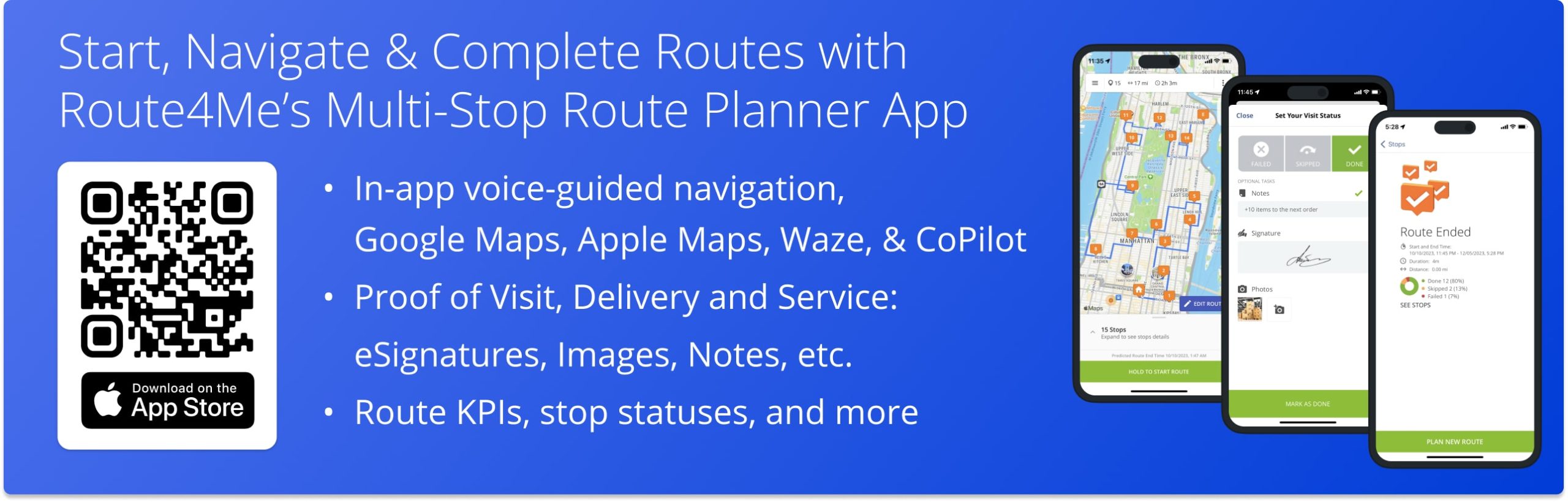 Route4Me's Multi-Stop Route Optimization app with in-app navigation, Google Maps, Apple Maps, Waze, electronic proof of visit, delivery, and service.