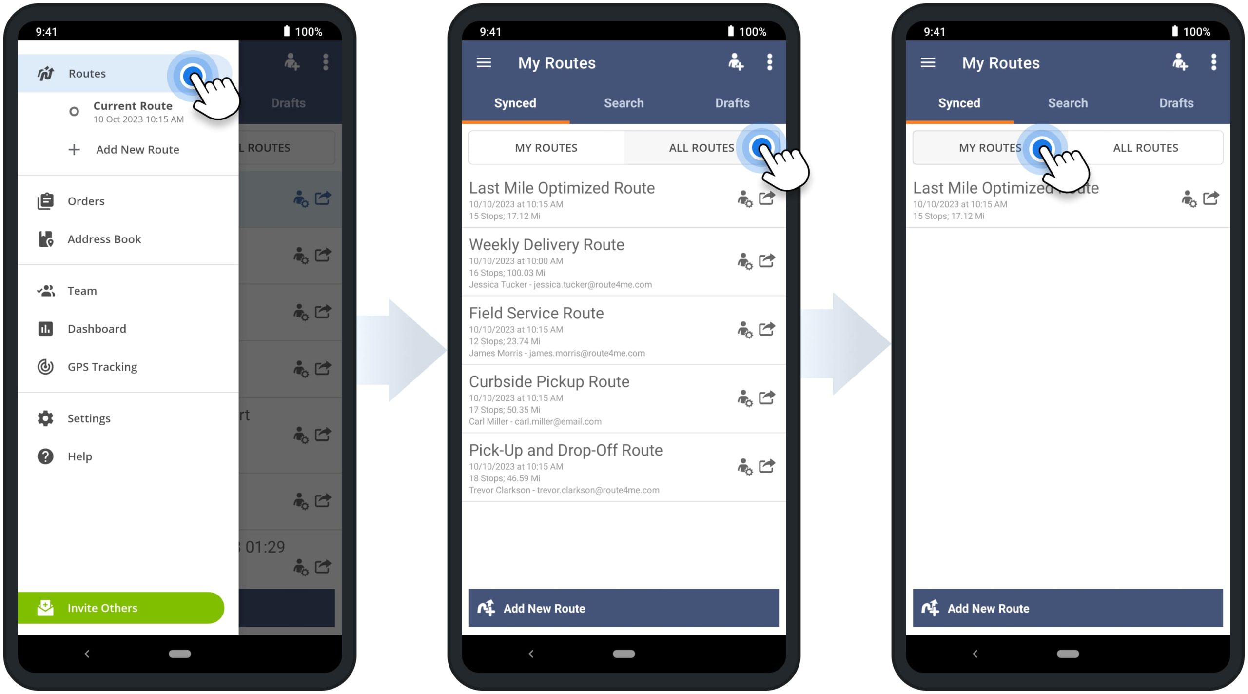 Open assigned and team routes on Route4Me's Android route planner app for delivery drivers.