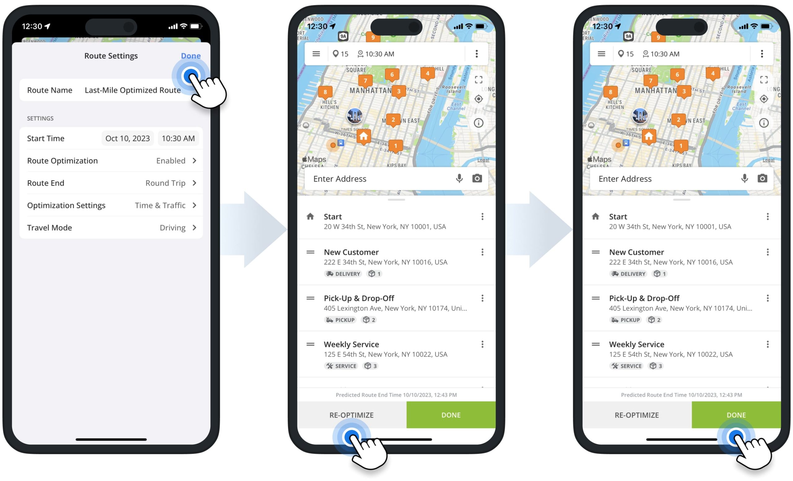 Re-optimizing multi-address routes using Route4Me's iPhone Route Planning app for delivery drivers, field service, and sales.