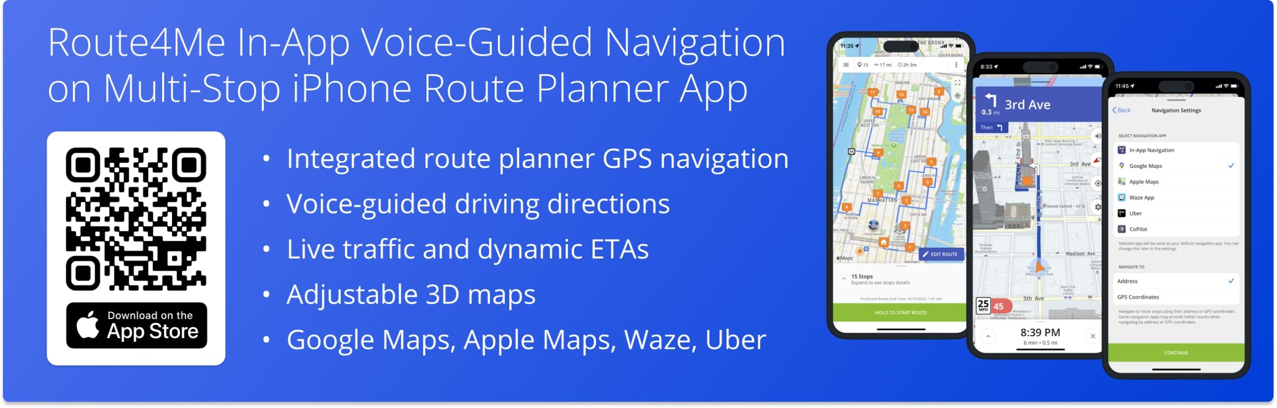 iPhone Route Planner app integrated voice-guided GPS navigation with live traffic, speed alerts, Google Maps, and Apple Maps.