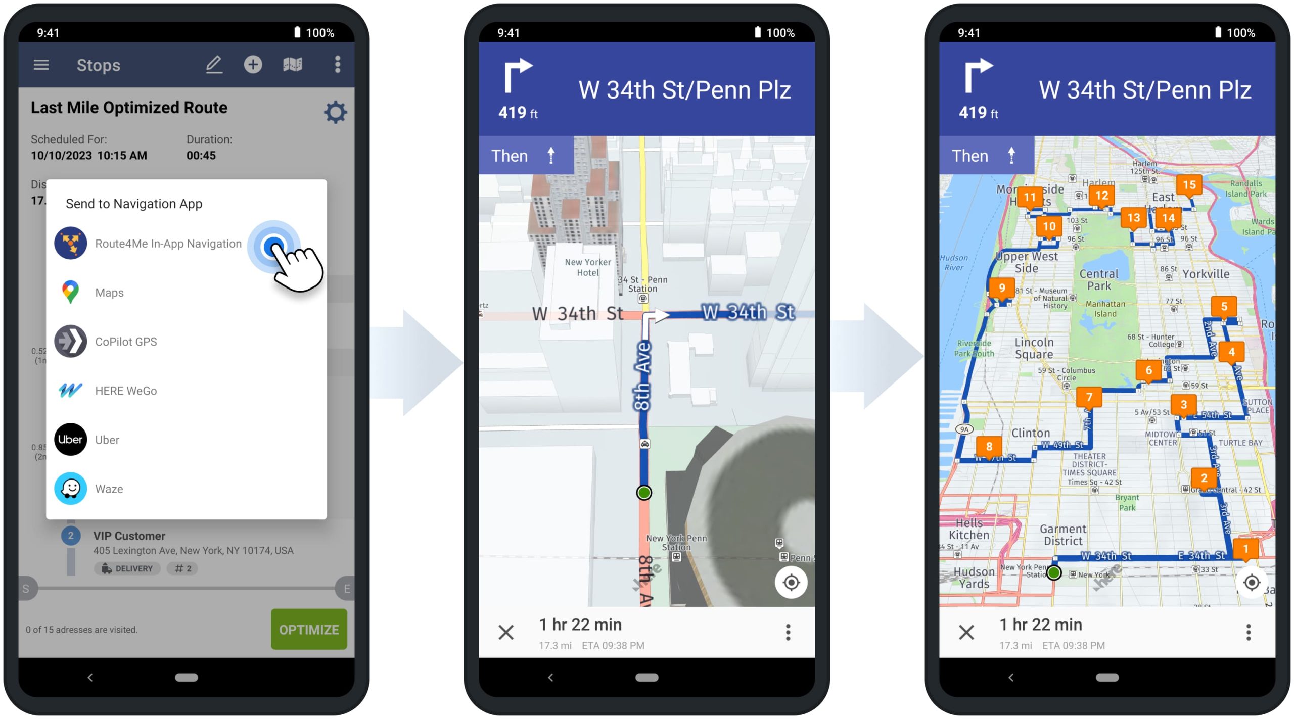 Navigate multi-stop routes using Route4Me's Android route planner in-app voice-guided navigation app.