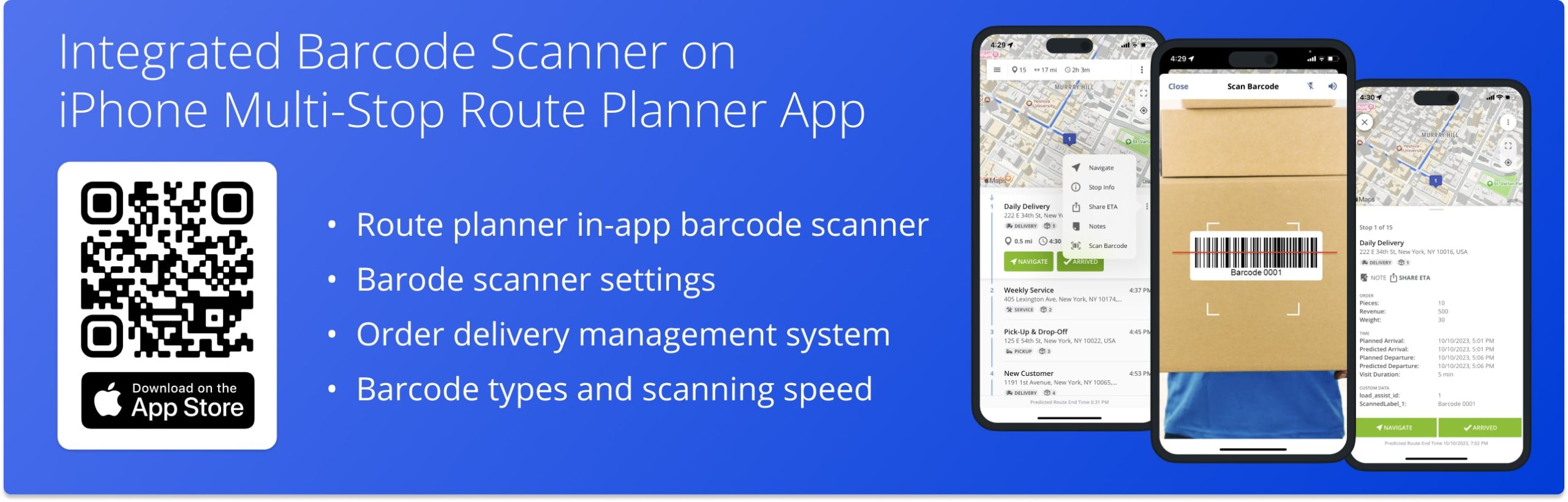 Route4Me's iPhone Multi-Stop Route Planner app with an integrated barcode scanner for delivery drivers and attaching data to route stops.
