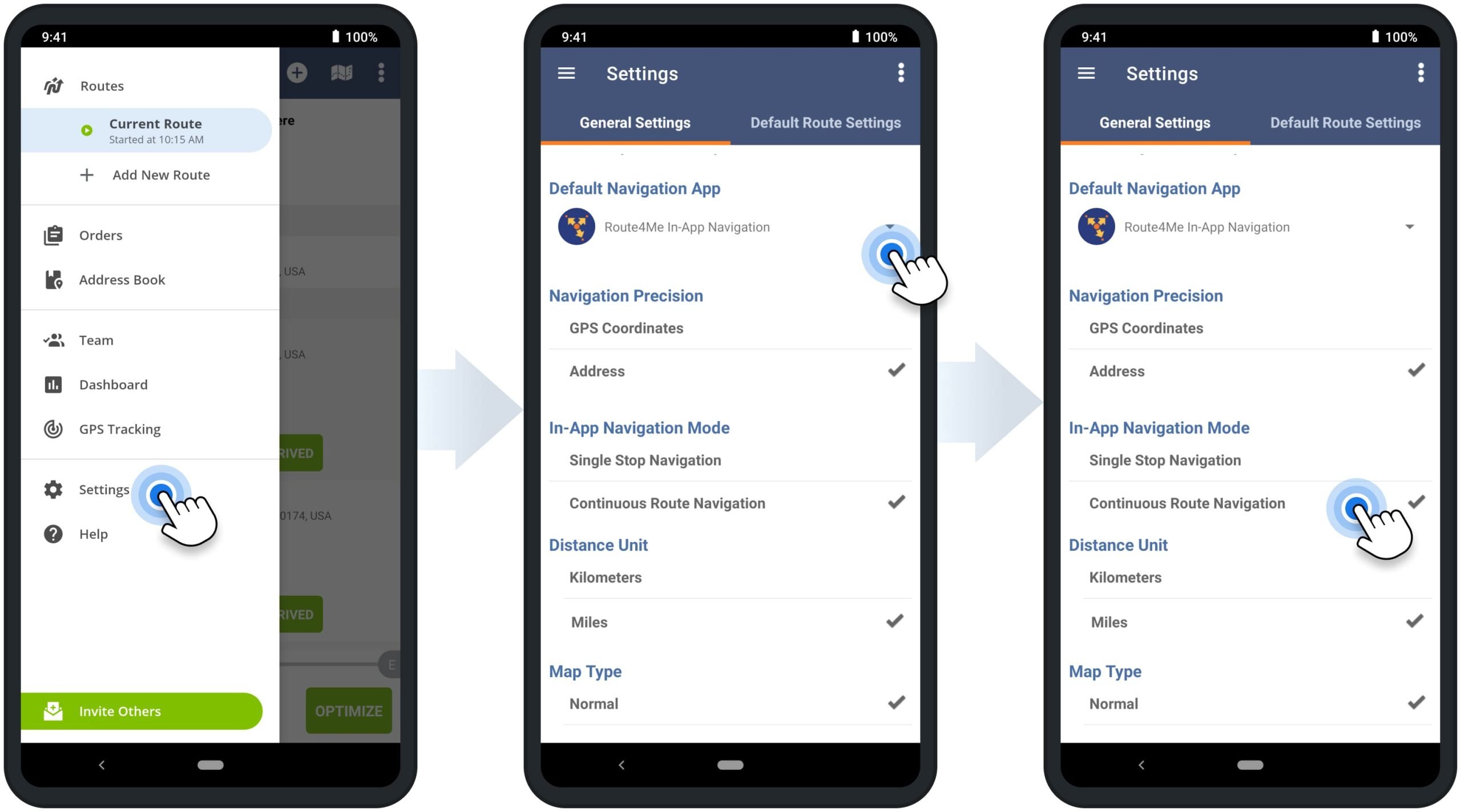 Route planner integrated navigation settings for the default navigation app, continuous route navigation, and single-stop navigation.