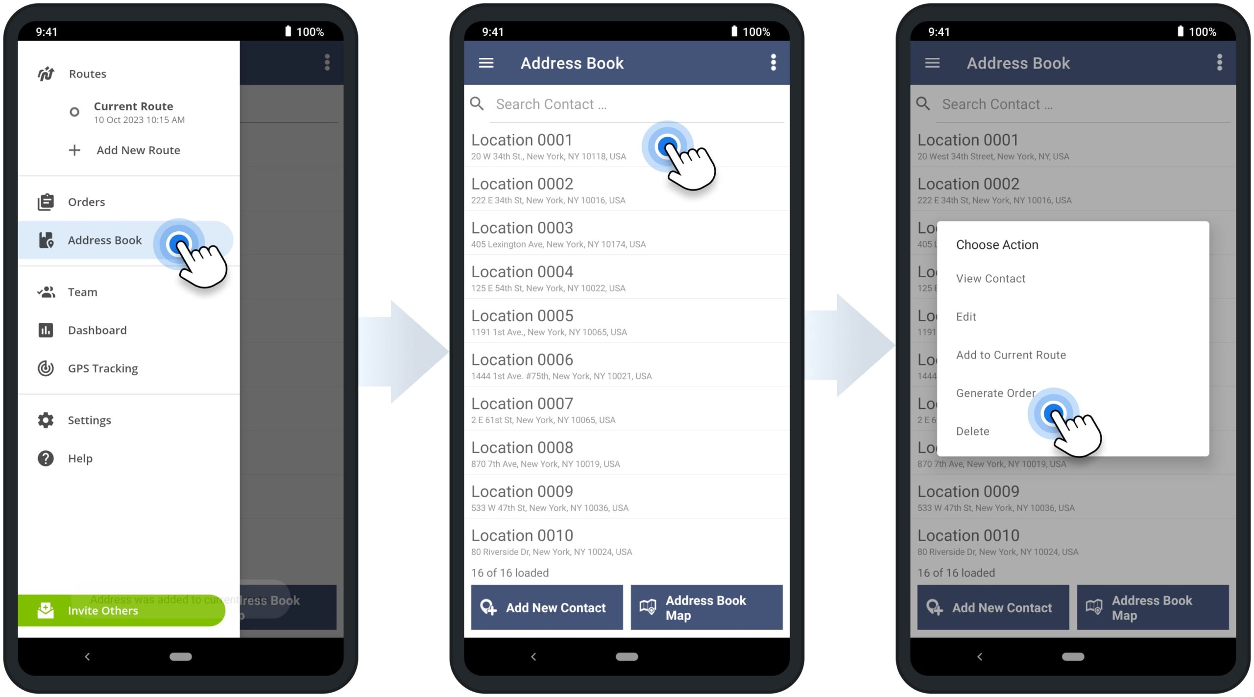 Generate orders from Address Book locations on Route4Me's Android Route Planning app.