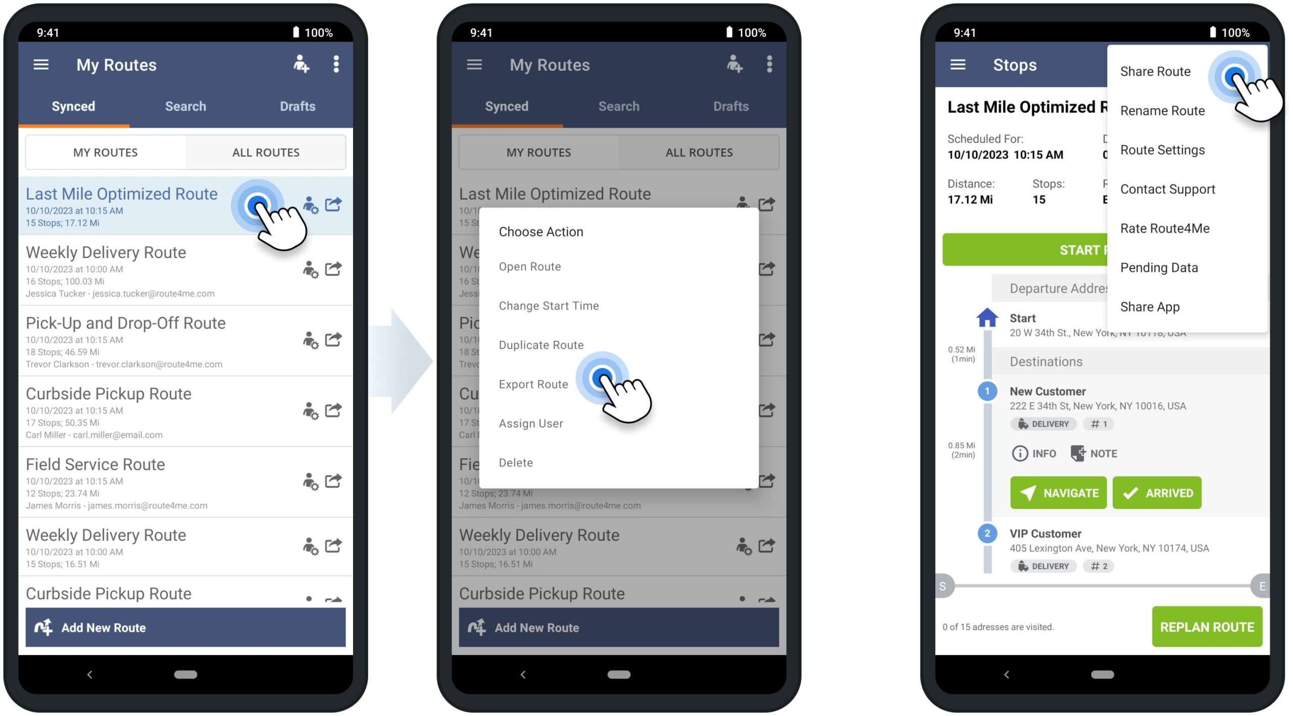 Share routes, duplicate routes, and export routes to an Android phone from Route4Me's mobile route planner app.