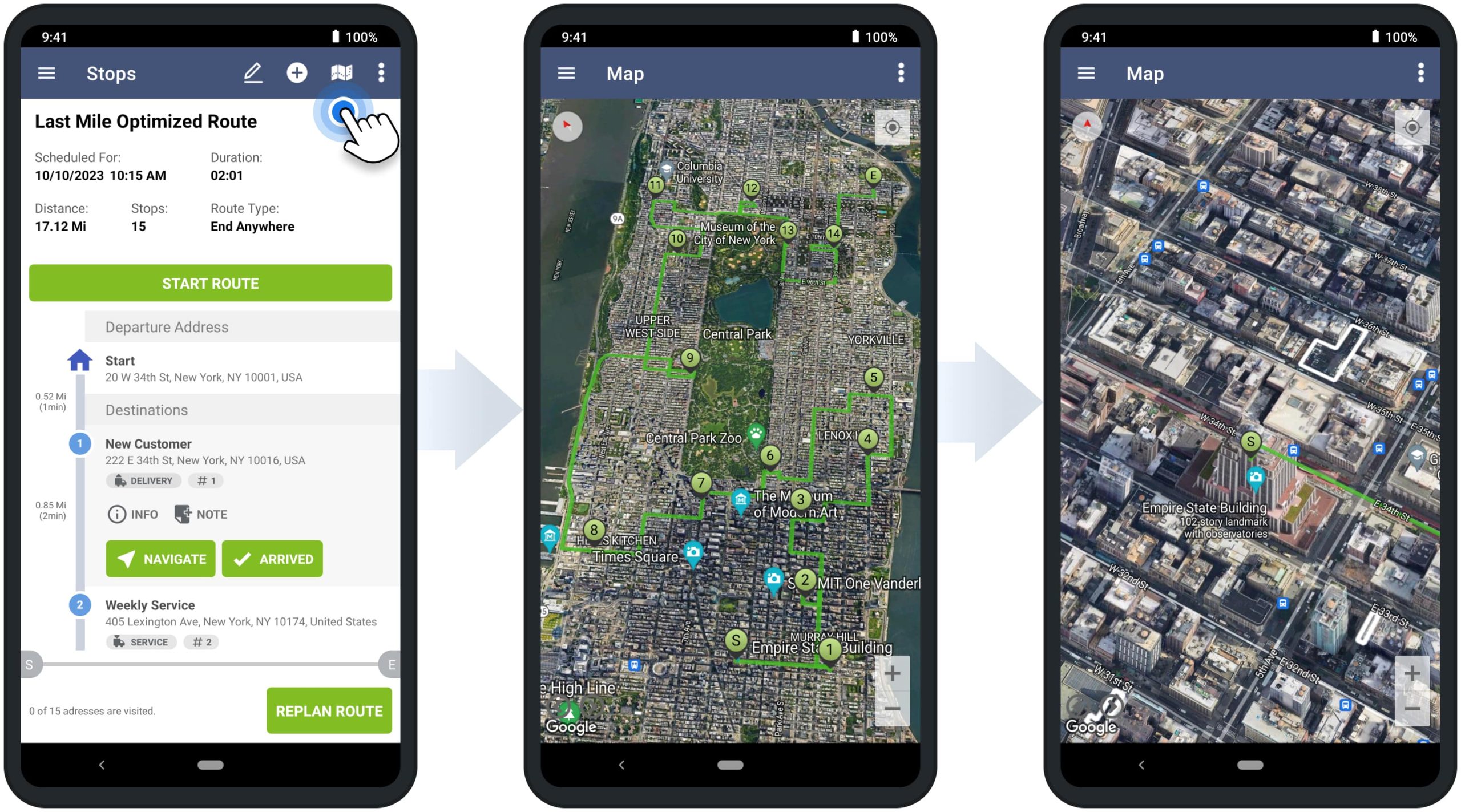 Satellite maps, hybrid maps, terrain maps, and other route map settings on Route4Me's Android Route Planner app.