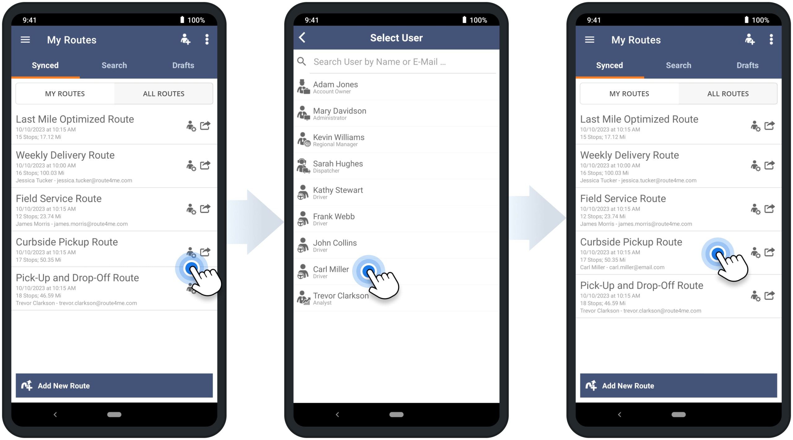 Assigning users to routes to dispatch routes to drivers and field service team using Route4Me's Android route planner app.