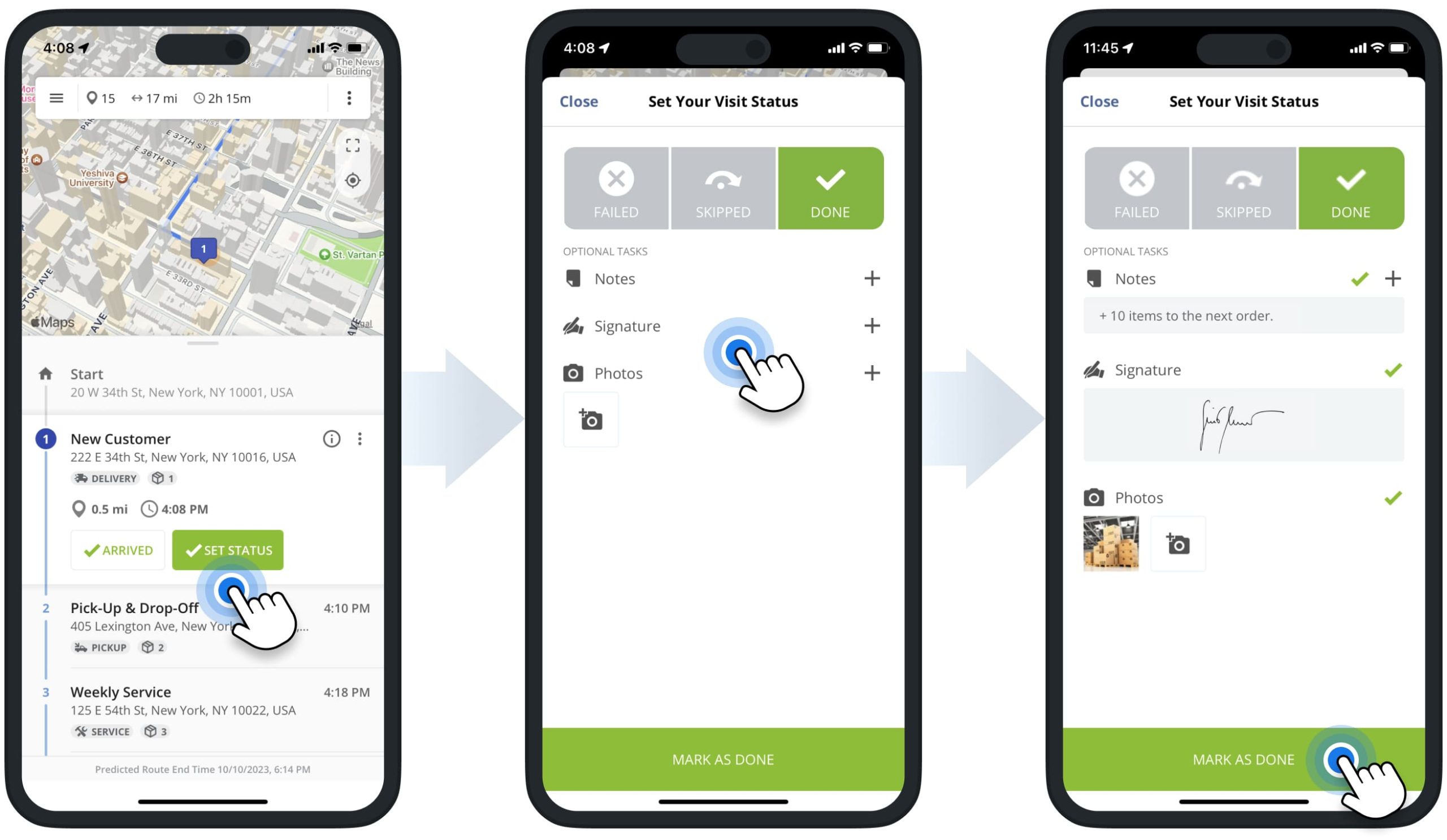 Attaching such proof of visit, delivery, or service to route stops as electronic signatures, photos, and text notes on the iPhone Route Planner app.