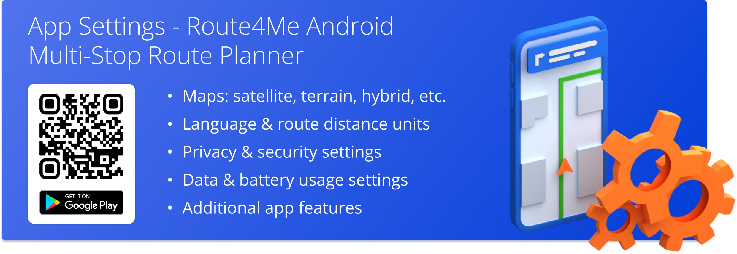Route4Me Android Route Planner app settings for route maps, language and distance units, security and privacy, data usage, and more.