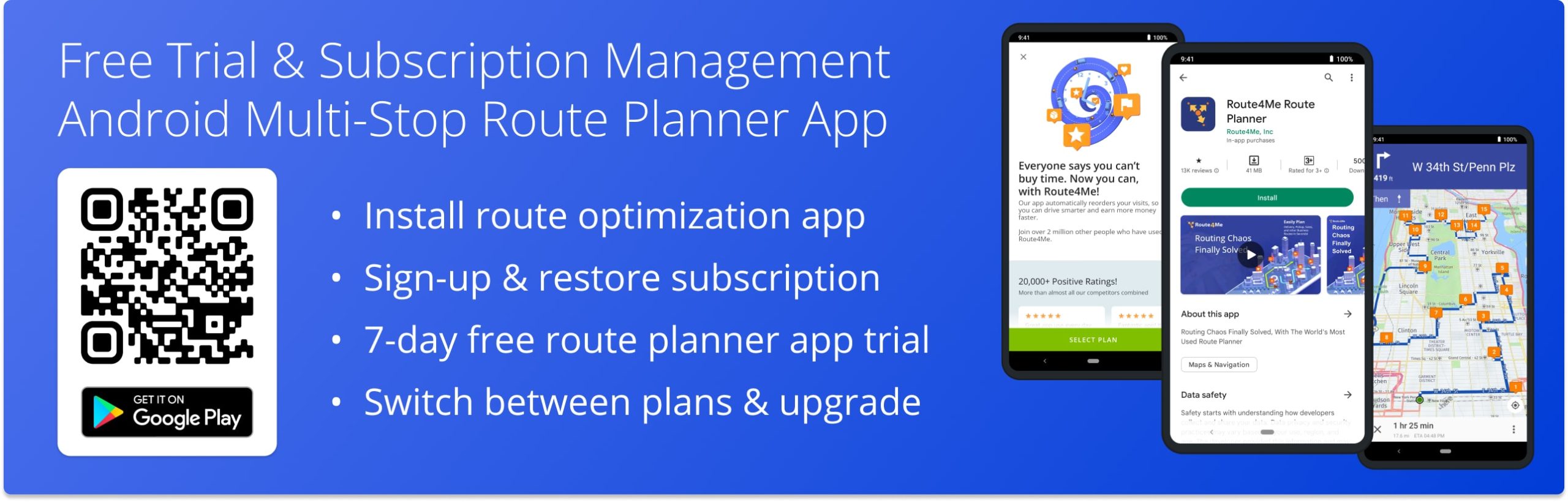 Free route planner app trial and Mobile subscription management on Route4Me's Android Multi-Address Route Optimization app.