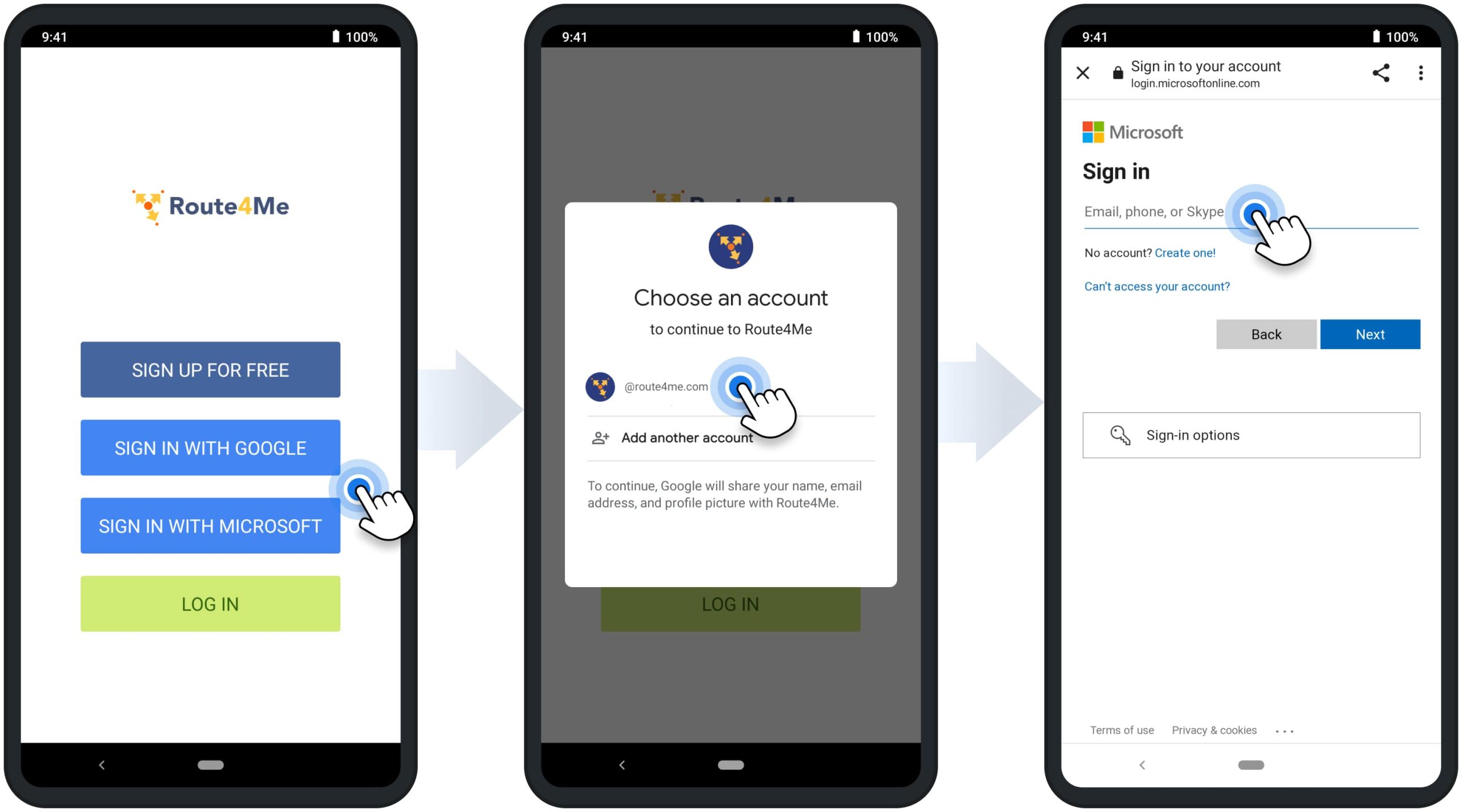 Google SSO and Microsoft SSO sign-in on Route4Me's Android Route Planning app.