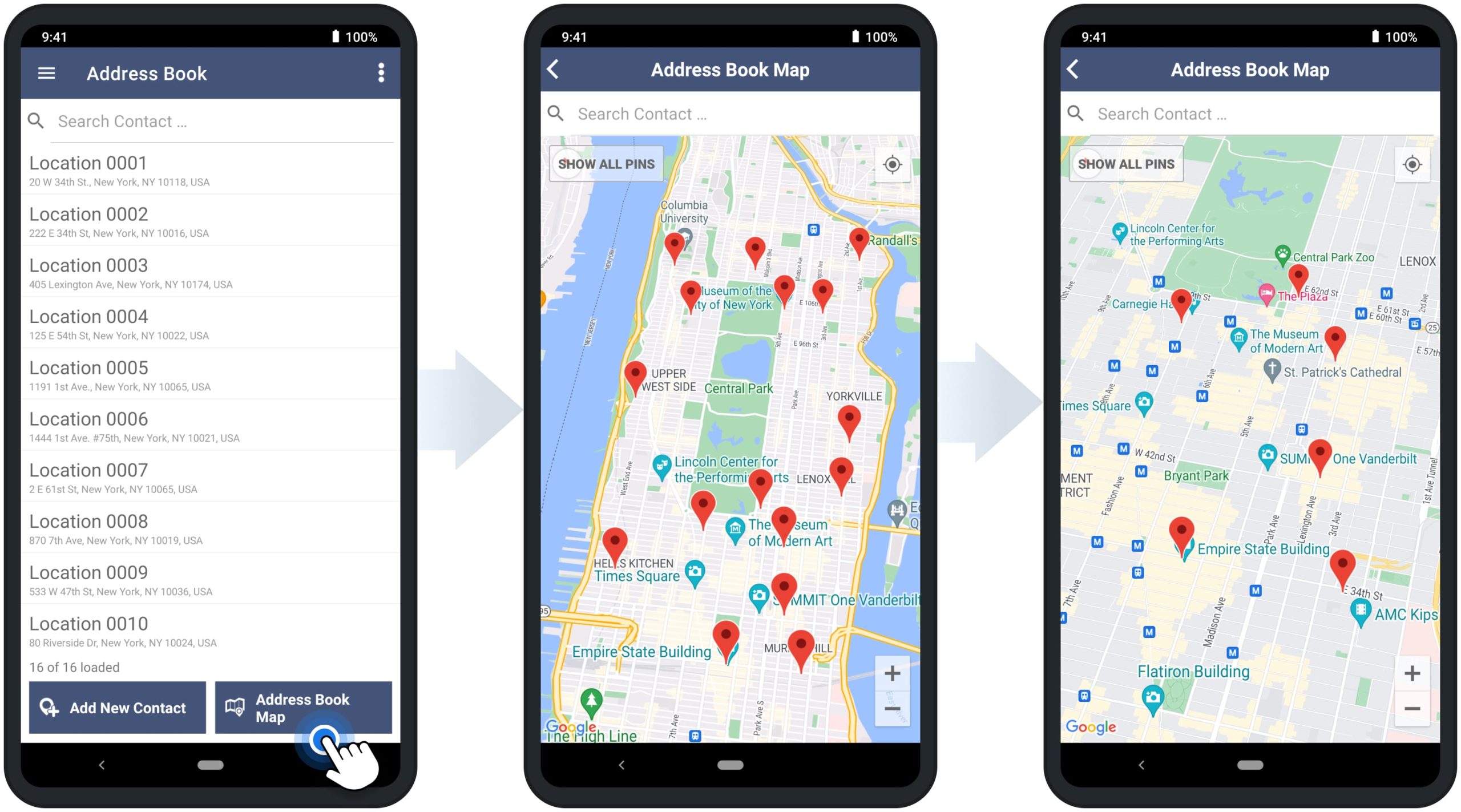 Open addresses and locations on the Address Book Map using Route4Me's Android Route Planning app.