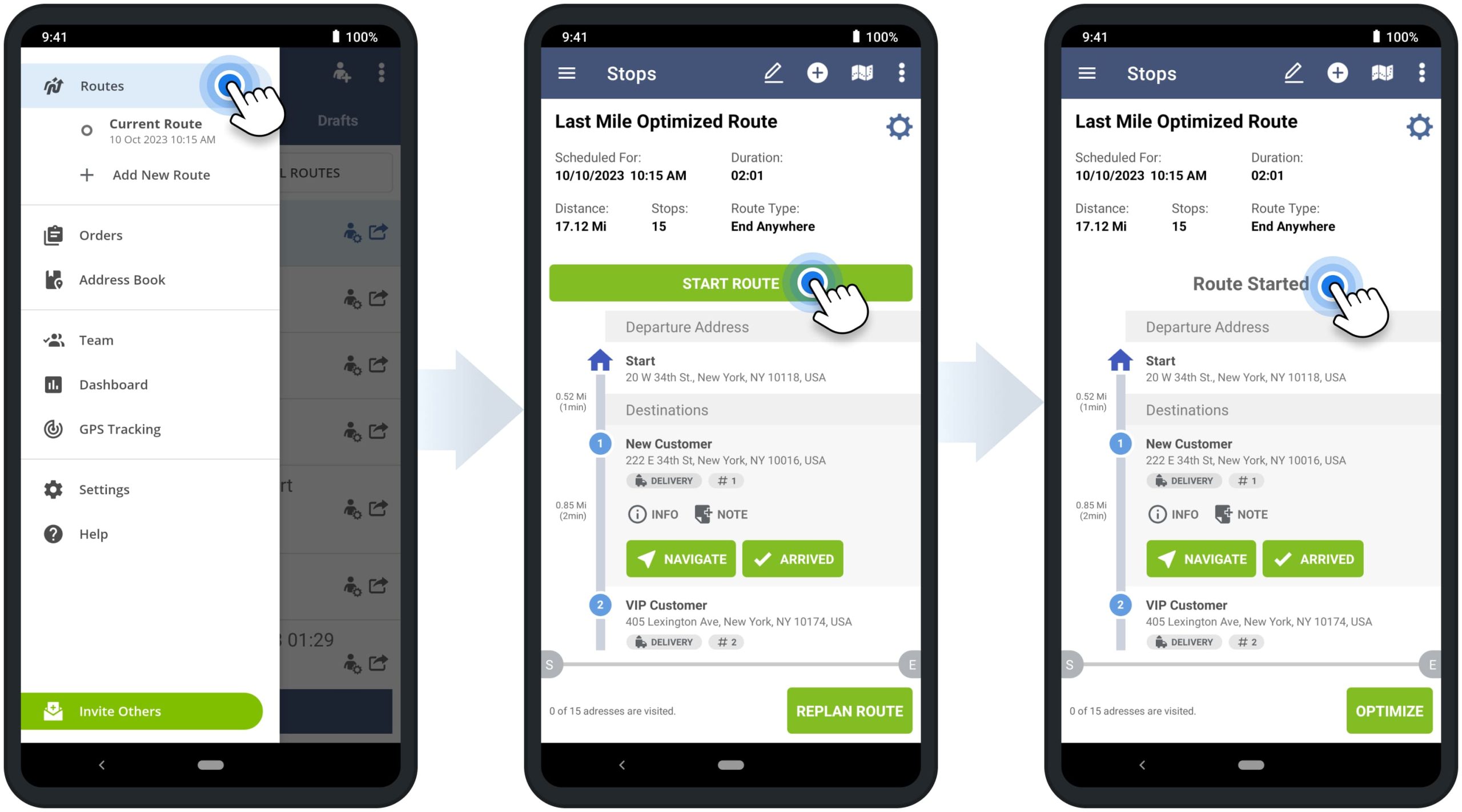 Open and start route navigation on Route4Me's Android route planner app for delivery and field service drivers.