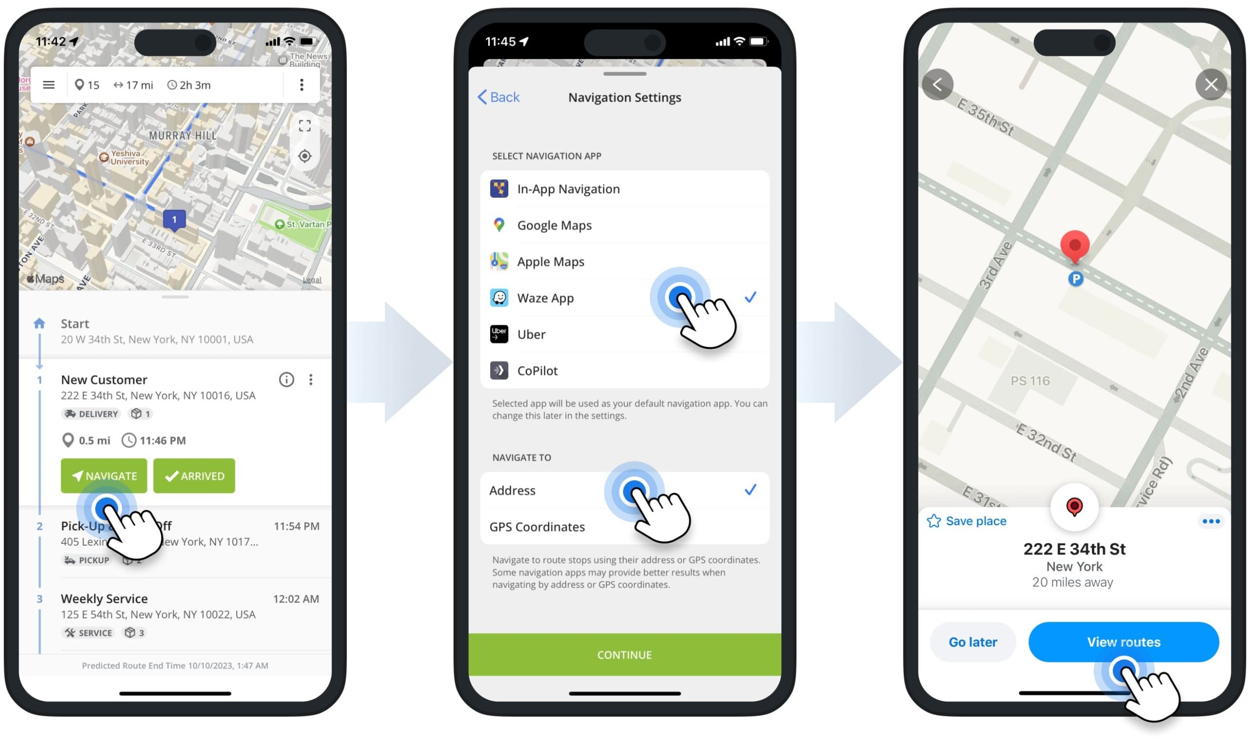 Apple Maps route planner GPS navigation for navigating Route4Me iOS Route Optimization app sequenced multi-stop routes.