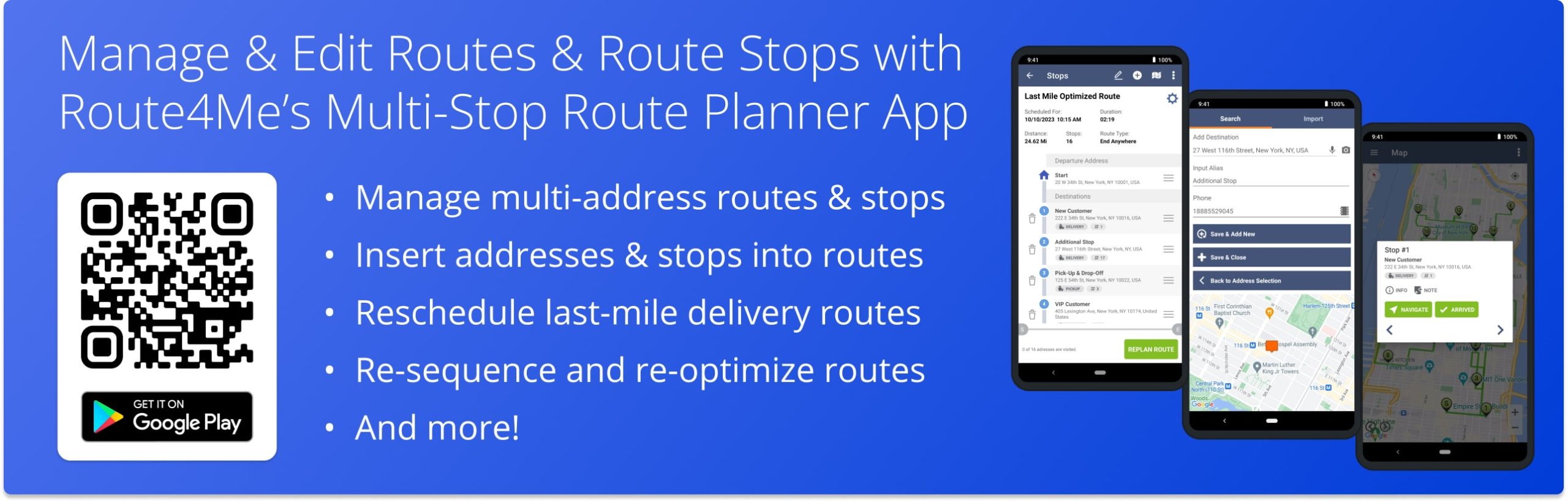 Managing last-mile delivery routes and editing route stops on Route4Me's Android route planner app for drivers.