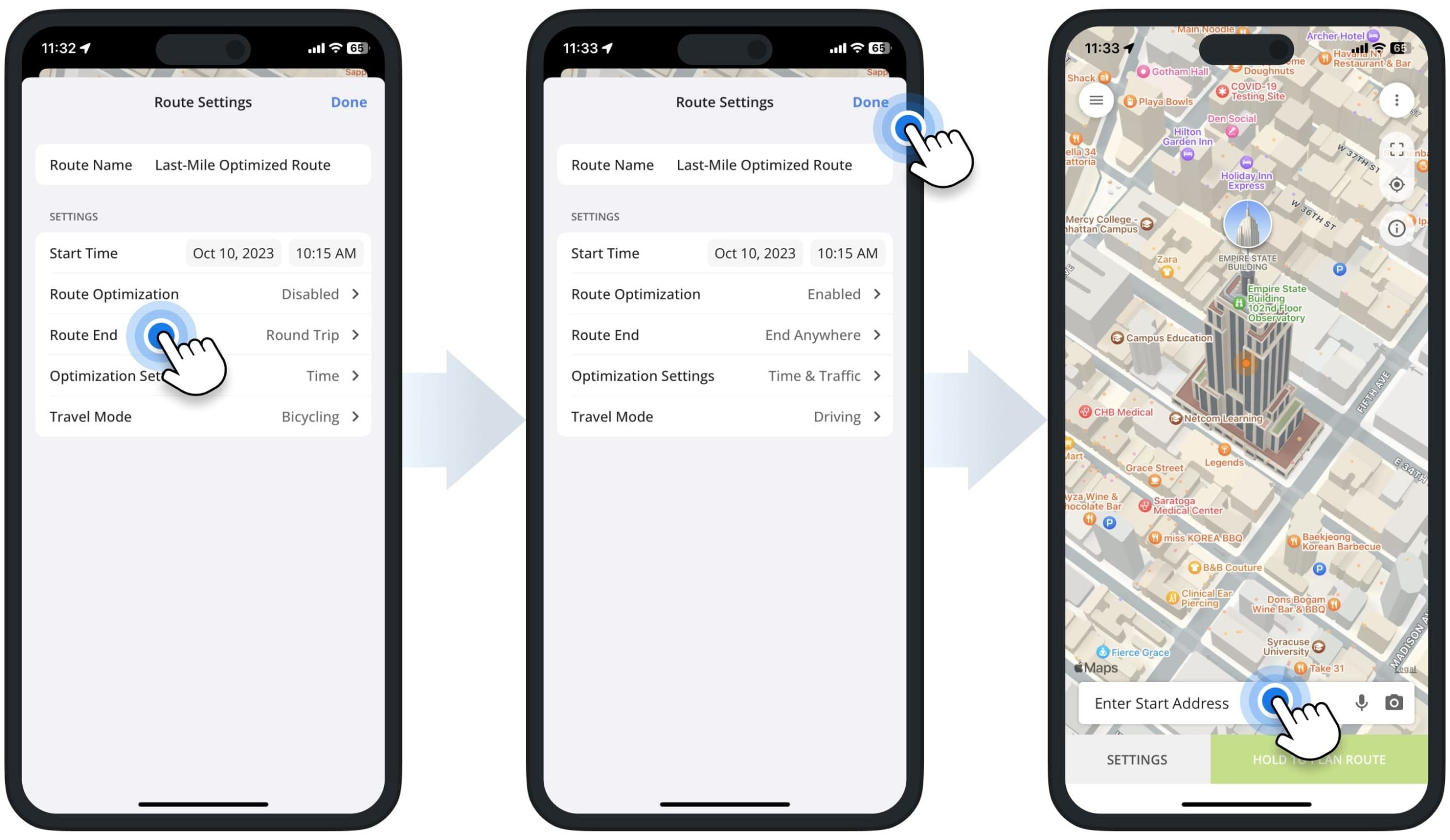 Specifying route optimization settings, travel mode, and other routing settings on Route4Me's Multi-Stop iPhone Route Planner app.