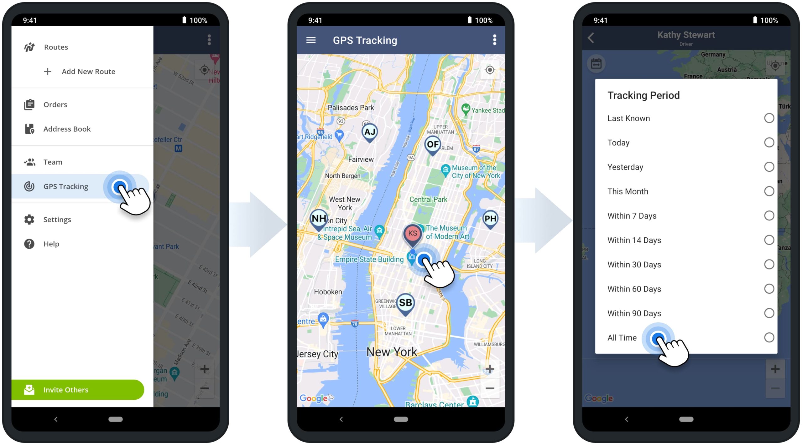 Using GPS Tracking on Route4Me's Android Route Planner app to track drivers and other team members on the map in real-time. 