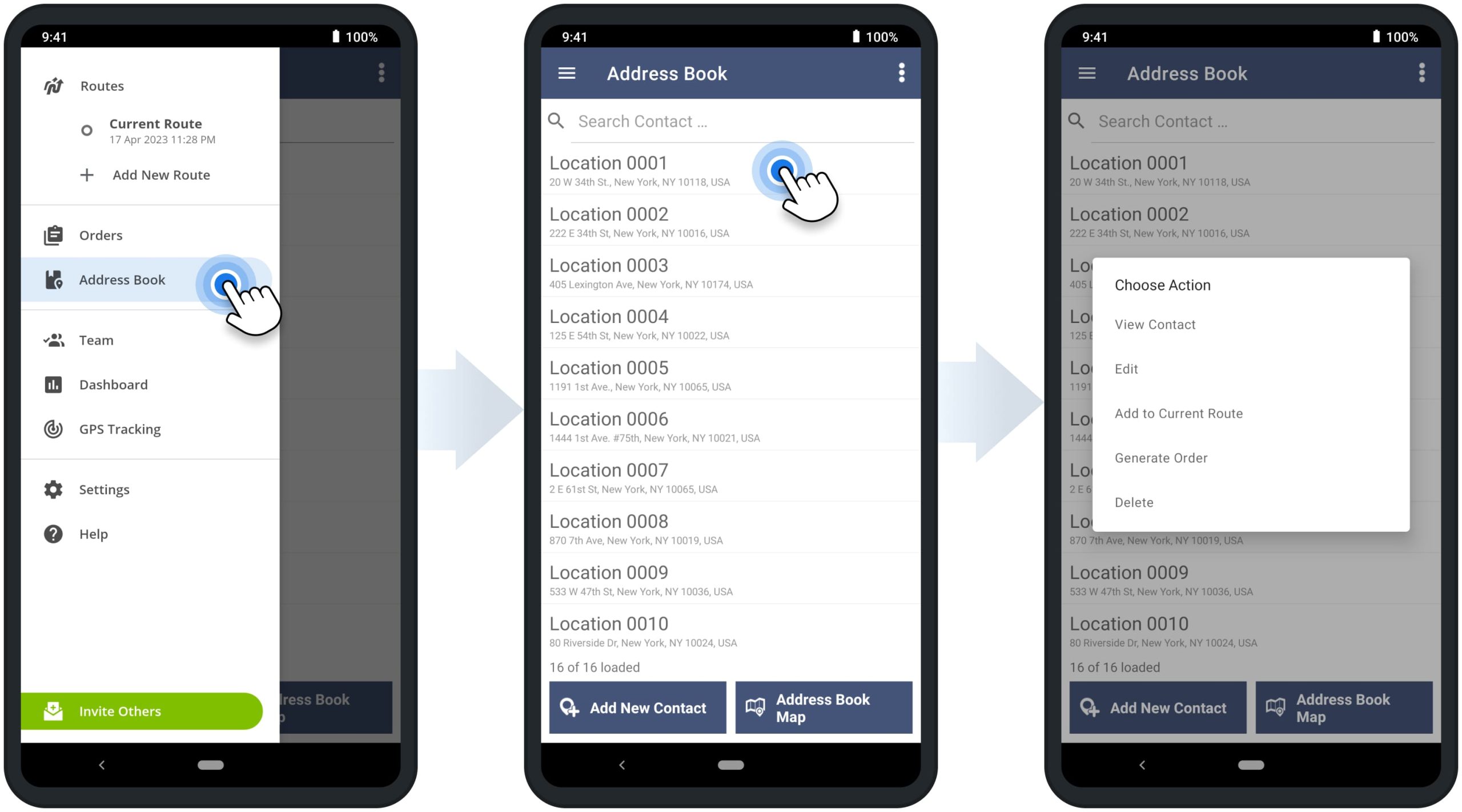 Manage addresses in the Address Book List on Route4Me's Multi-Stop Android Route Planner app.