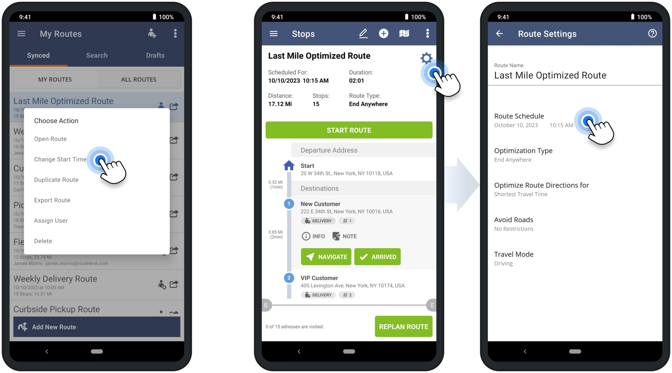 Schedule routes and reschedule planned routes using Route4Me's Android route planner app for drivers.