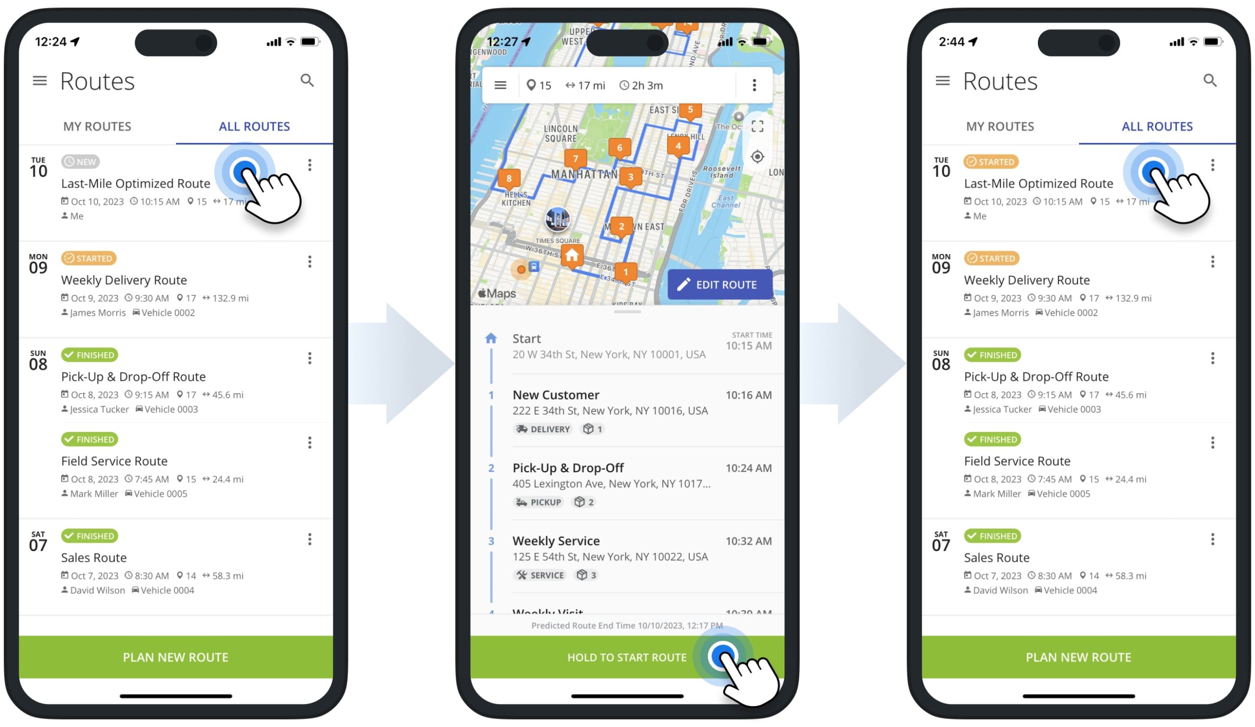 New, Started, and Finished route statuses synchronization in real-time on Route4Me's iPhone Route Planner app for drivers.