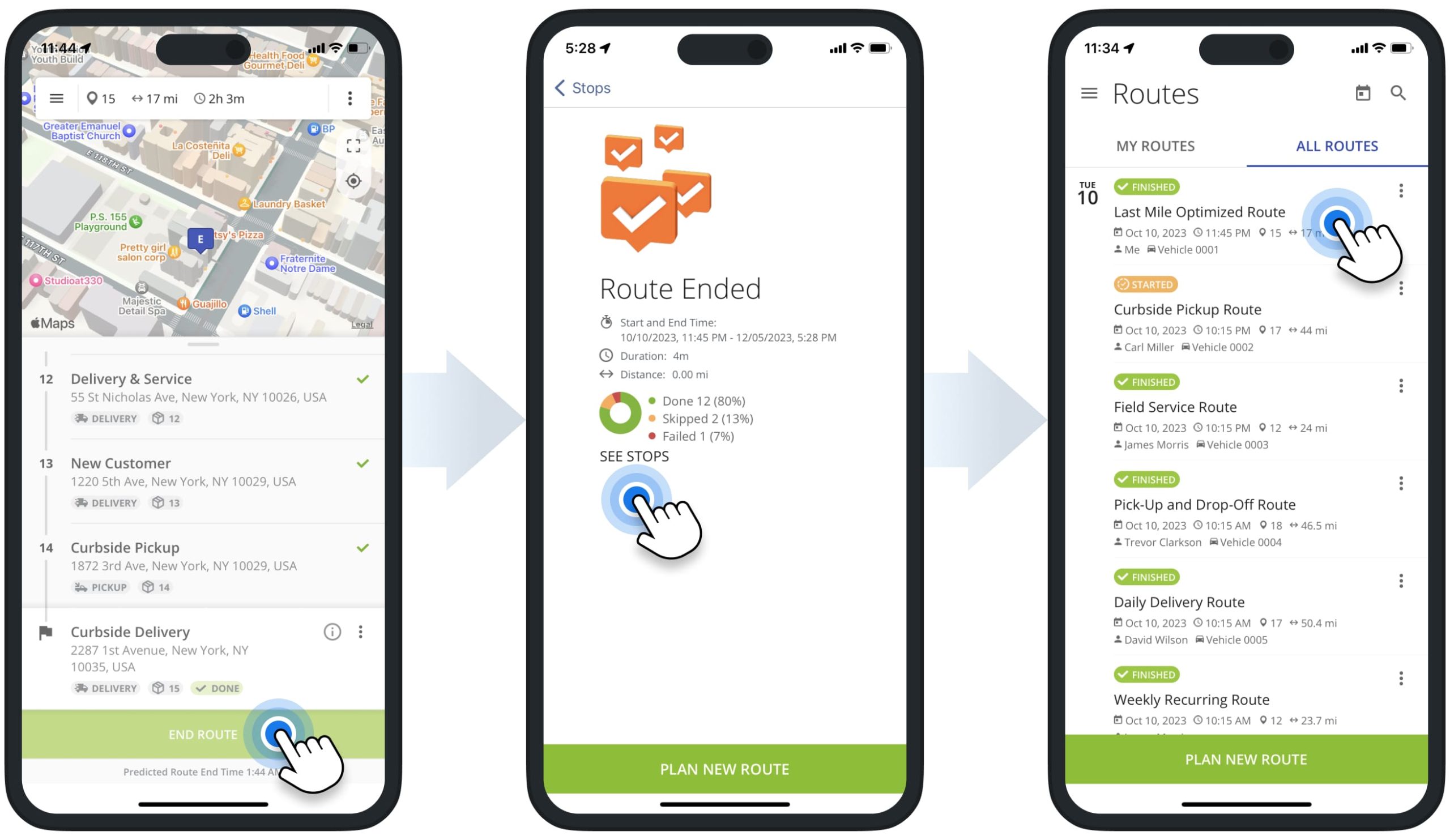 Completing routes and checking route KPIs with statistics, visited stops, traveled distance, and time on Route4Me's iPhone Route Optimization app.