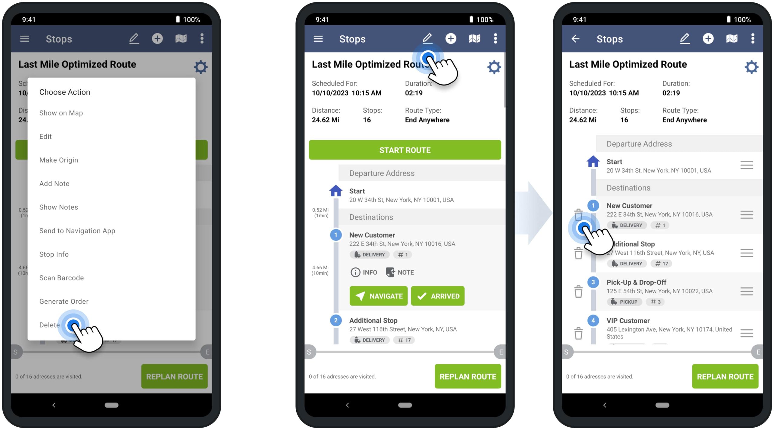 Delete stops and remove addresses from optimized routes on Route4Me's Android route planner app for drivers.