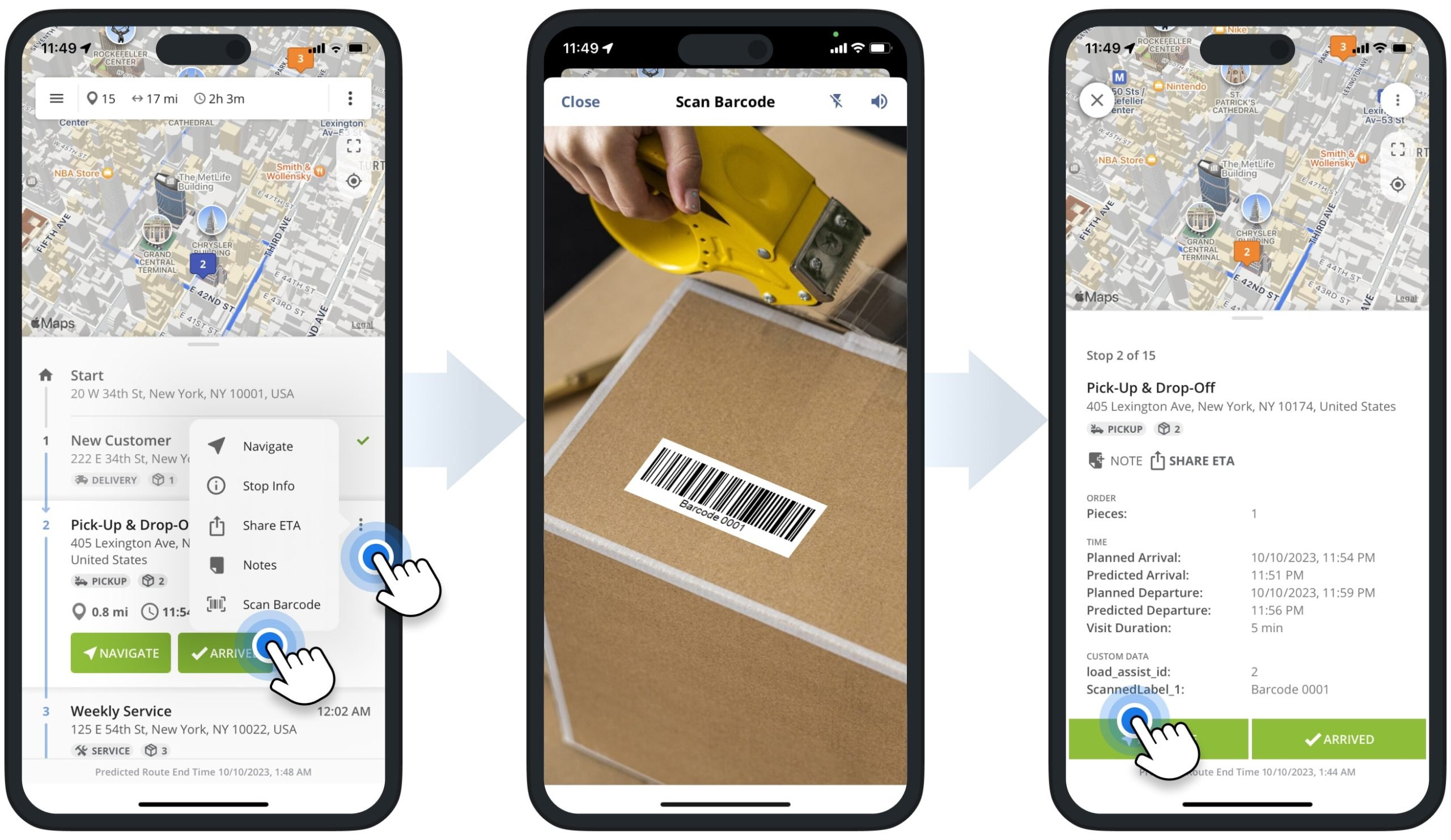 Using an integrated barcode scanner to scan QR codes and barcodes and attach custom data to stops on the iPhone Route Planner app.