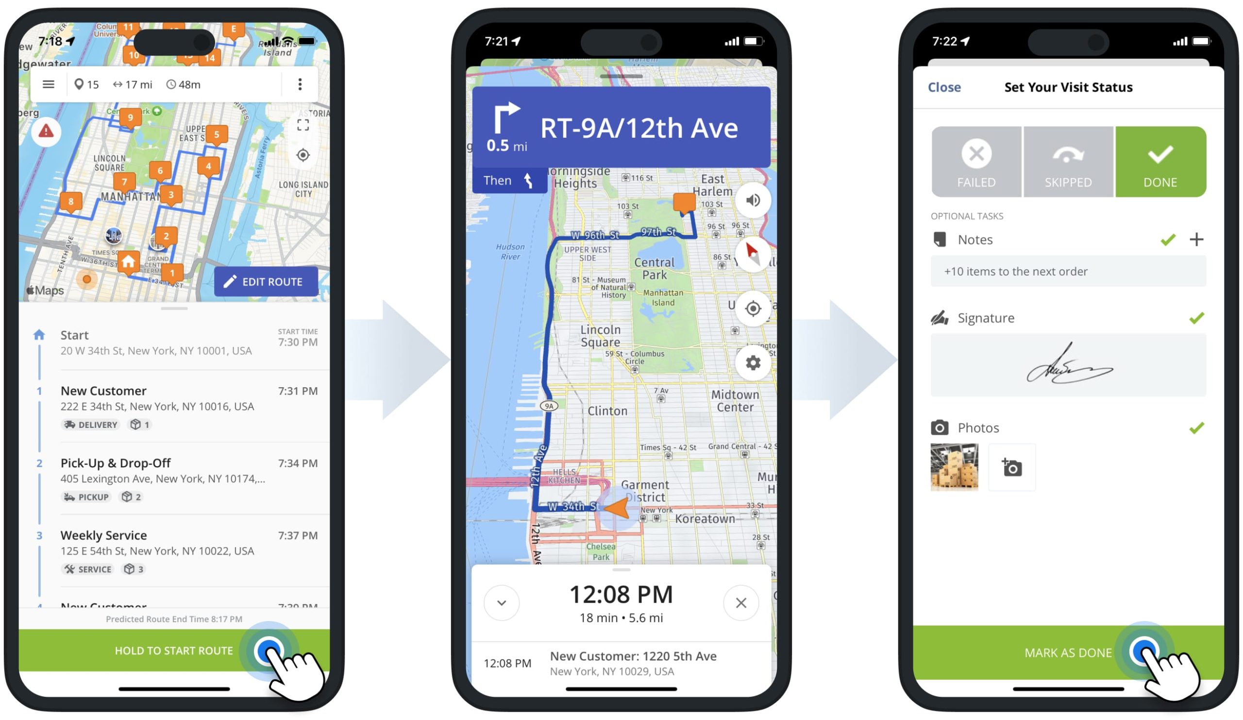 iPhone Route Planner app offline supported features for navigating routes, attaching proof of visit, and completing routes with no internet connection.