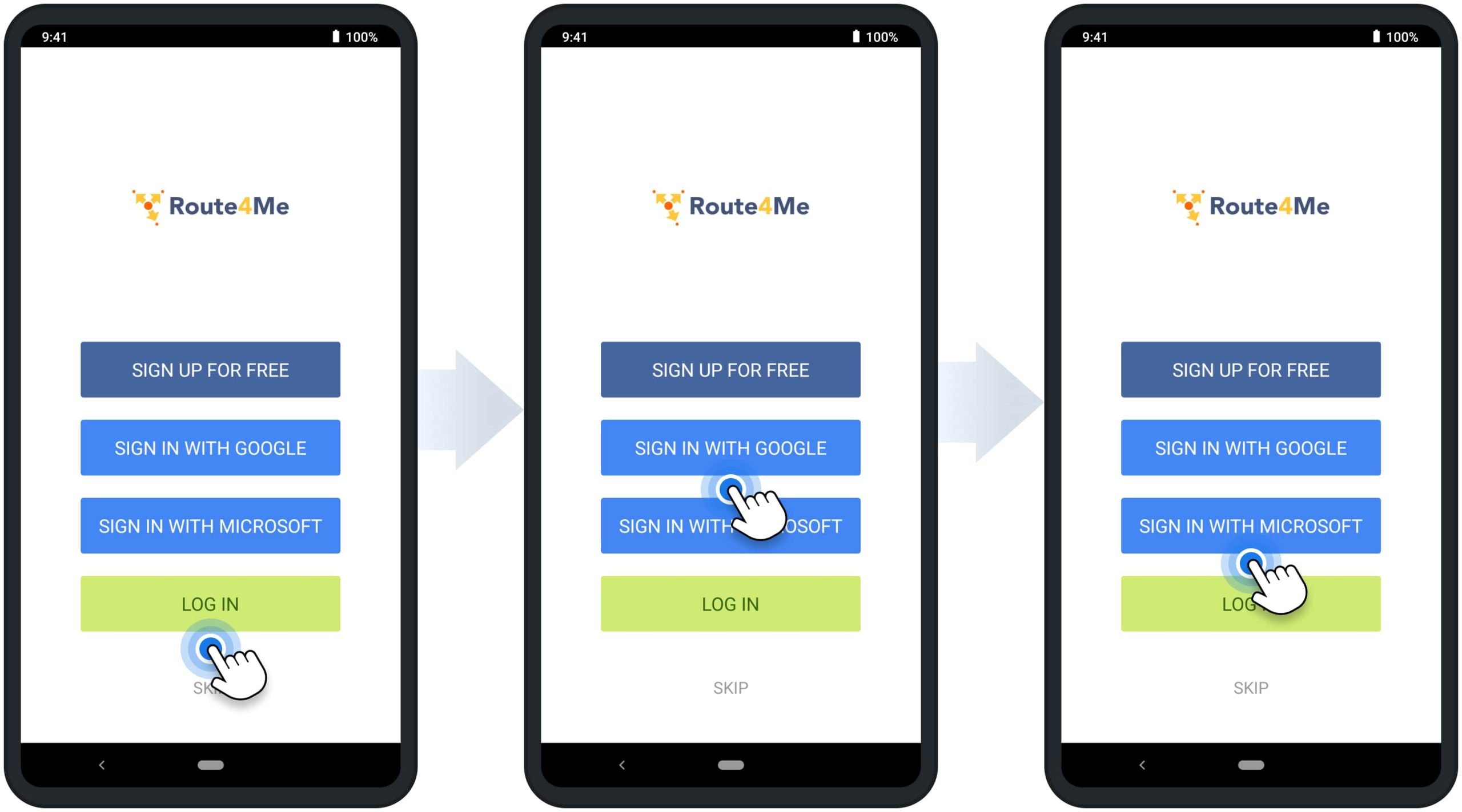 Using Google SSO and Microsoft to sign into Route4Me's Android Route Planner app.